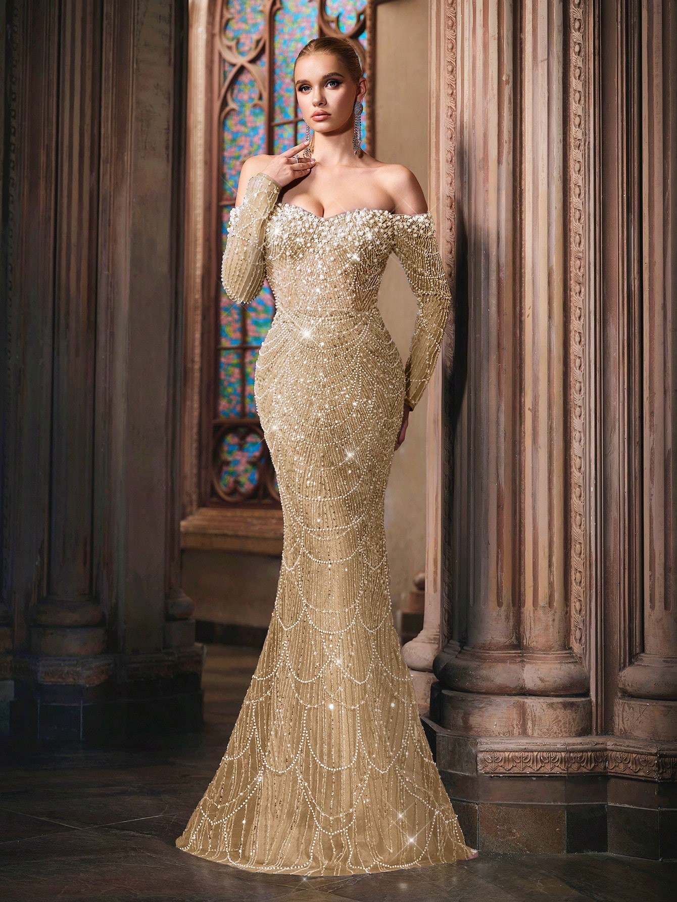 Sparkling Goddess Sequin Formal Dress Luxurious Evening Gown For Dinner Party, Red Carpet, Anniversary Celebrations Haze Blue Off The Shoulder Strapless Sleeve Mermaid Hem Gowns