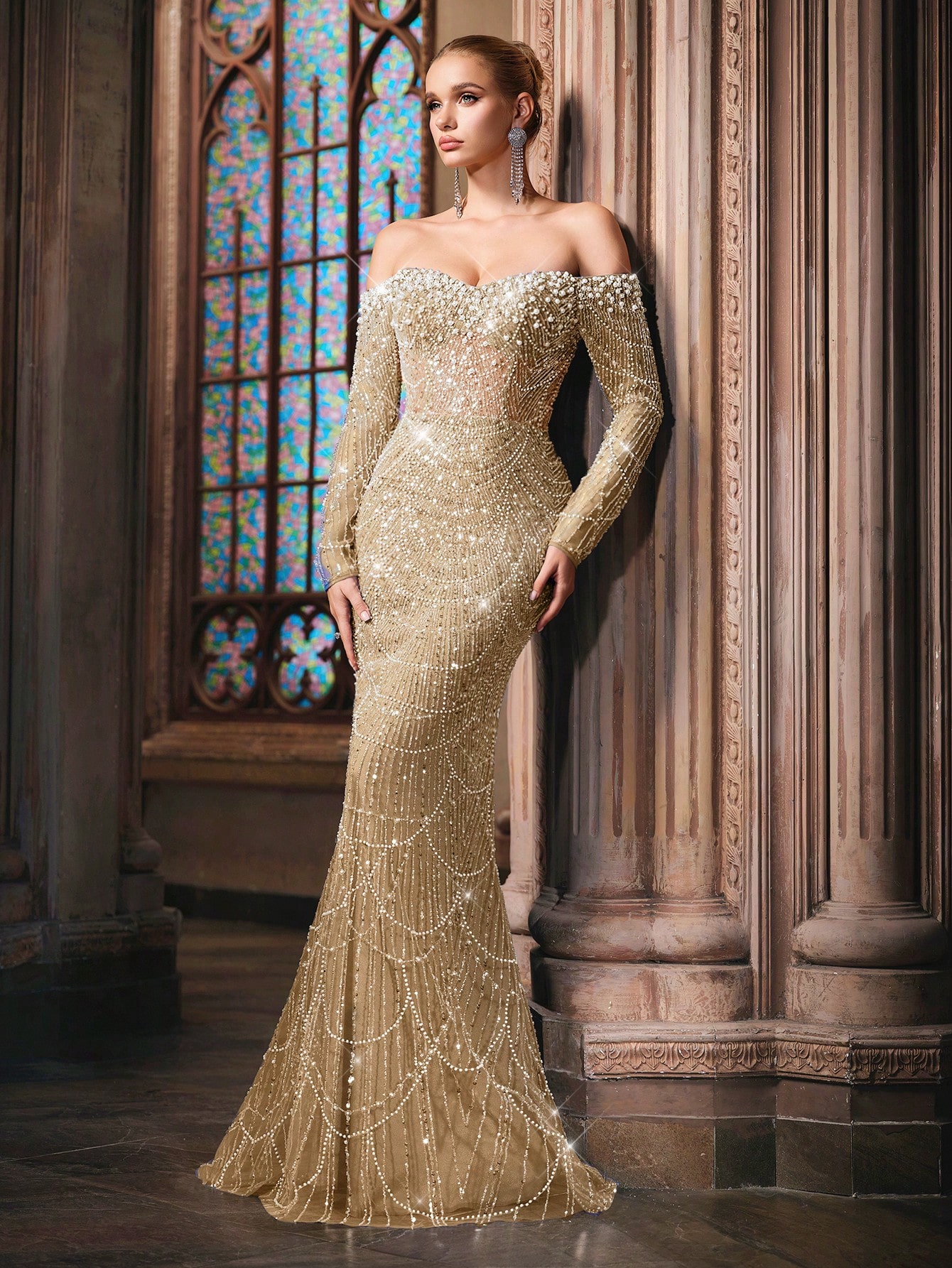 Sparkling Goddess Sequin Formal Dress Luxurious Evening Gown For Dinner Party, Red Carpet, Anniversary Celebrations Haze Blue Off The Shoulder Strapless Sleeve Mermaid Hem Gowns