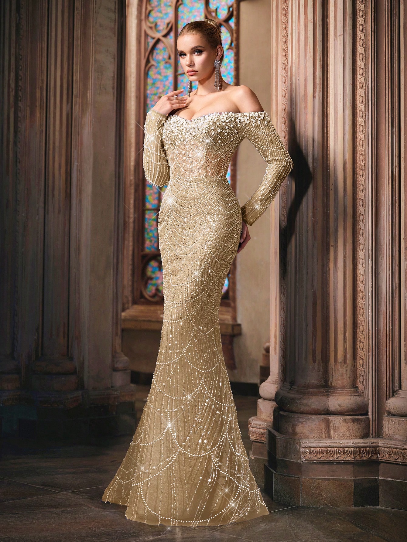 Sparkling Goddess Sequin Formal Dress Luxurious Evening Gown For Dinner Party, Red Carpet, Anniversary Celebrations Haze Blue Off The Shoulder Strapless Sleeve Mermaid Hem Gowns