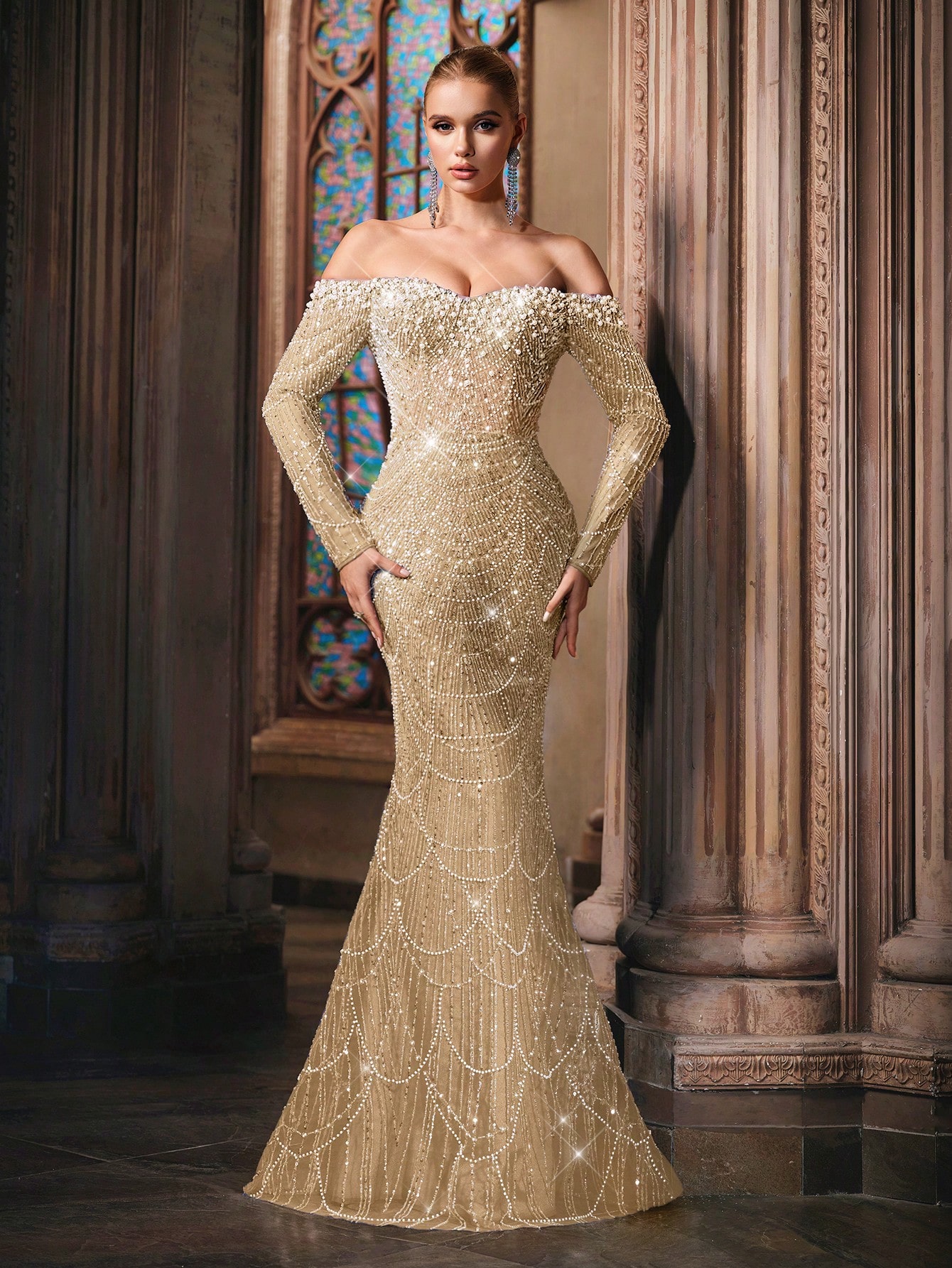 Sparkling Goddess Sequin Formal Dress Luxurious Evening Gown For Dinner Party, Red Carpet, Anniversary Celebrations Haze Blue Off The Shoulder Strapless Sleeve Mermaid Hem Gowns