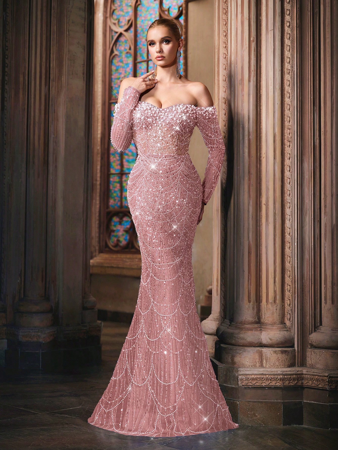 Sparkling Goddess Sequin Formal Dress Luxurious Evening Gown For Dinner Party, Red Carpet, Anniversary Celebrations Haze Blue Off The Shoulder Strapless Sleeve Mermaid Hem Gowns