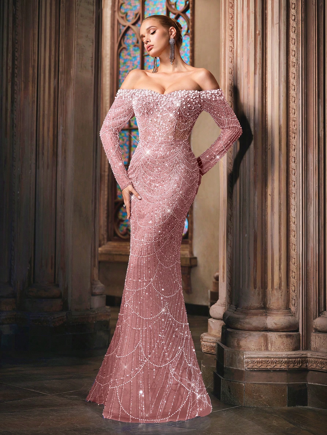 Sparkling Goddess Sequin Formal Dress Luxurious Evening Gown For Dinner Party, Red Carpet, Anniversary Celebrations Haze Blue Off The Shoulder Strapless Sleeve Mermaid Hem Gowns