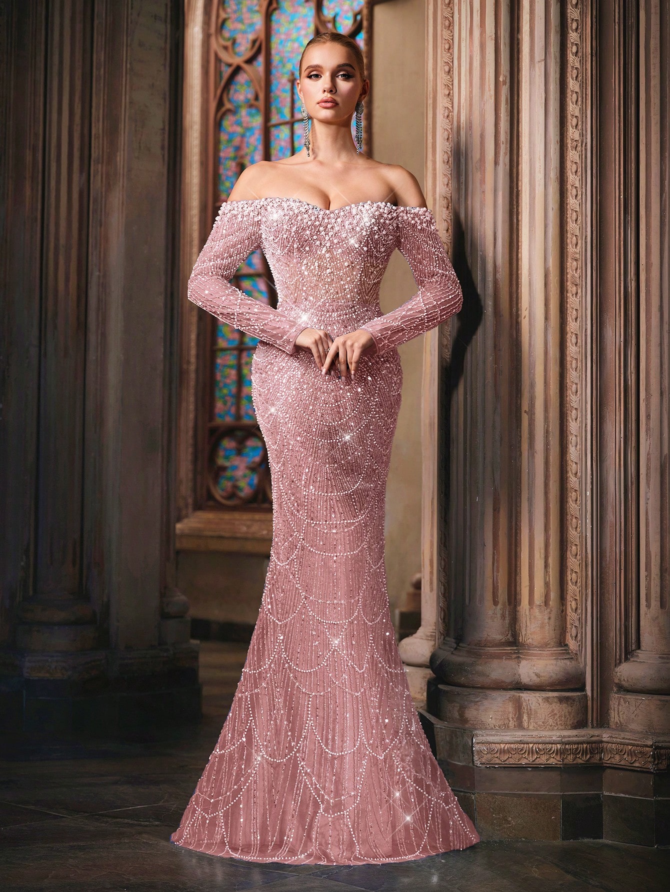 Sparkling Goddess Sequin Formal Dress Luxurious Evening Gown For Dinner Party, Red Carpet, Anniversary Celebrations Haze Blue Off The Shoulder Strapless Sleeve Mermaid Hem Gowns