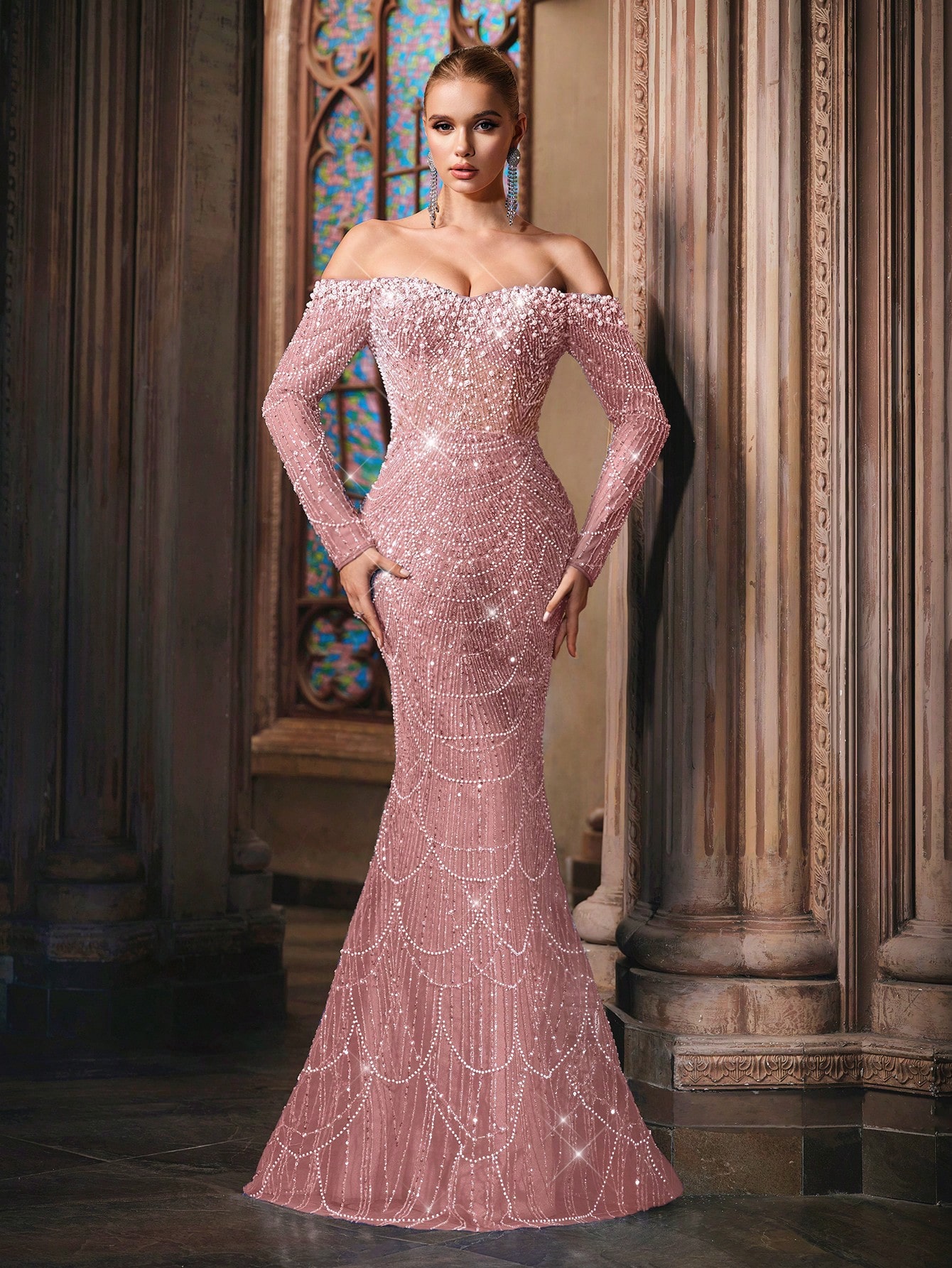 Sparkling Goddess Sequin Formal Dress Luxurious Evening Gown For Dinner Party, Red Carpet, Anniversary Celebrations Haze Blue Off The Shoulder Strapless Sleeve Mermaid Hem Gowns