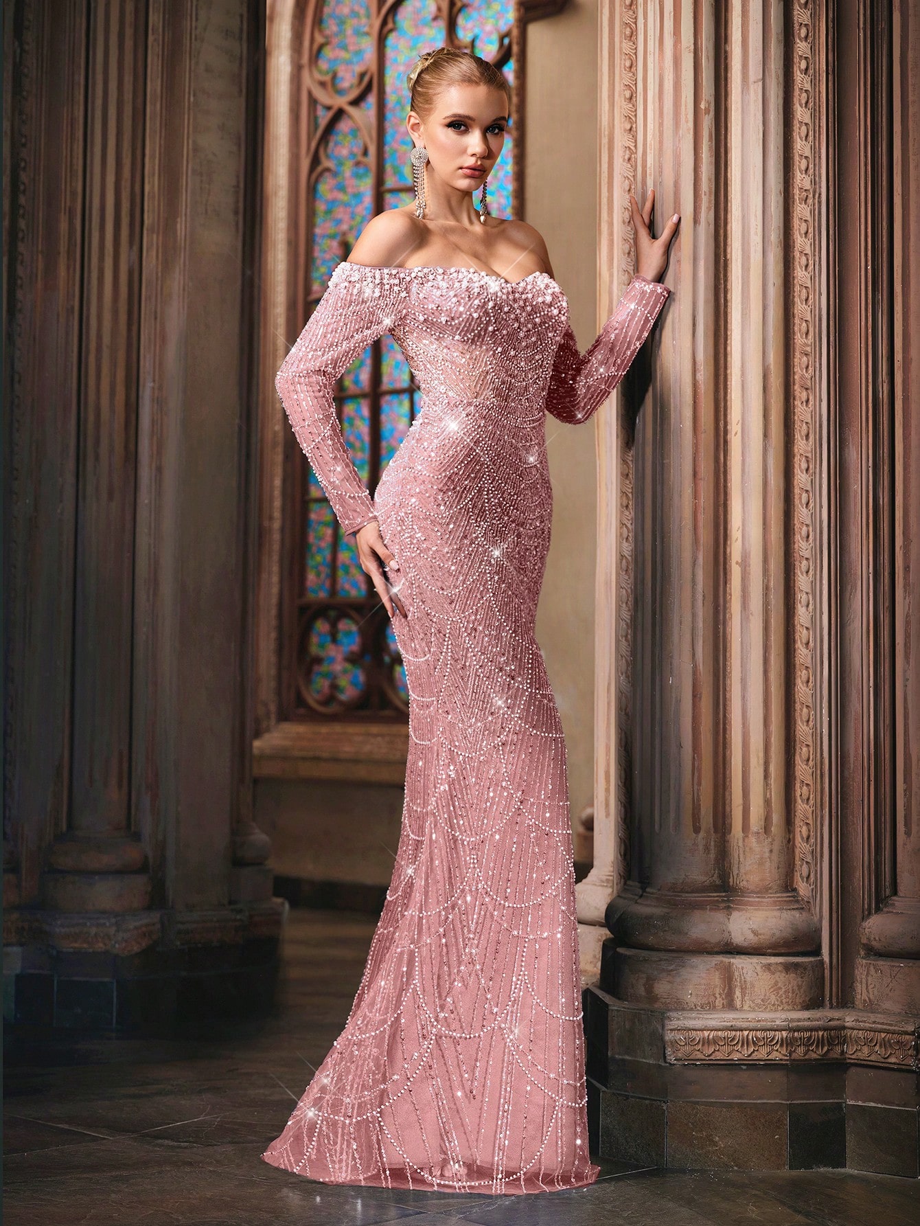 Sparkling Goddess Sequin Formal Dress Luxurious Evening Gown For Dinner Party, Red Carpet, Anniversary Celebrations Haze Blue Off The Shoulder Strapless Sleeve Mermaid Hem Gowns