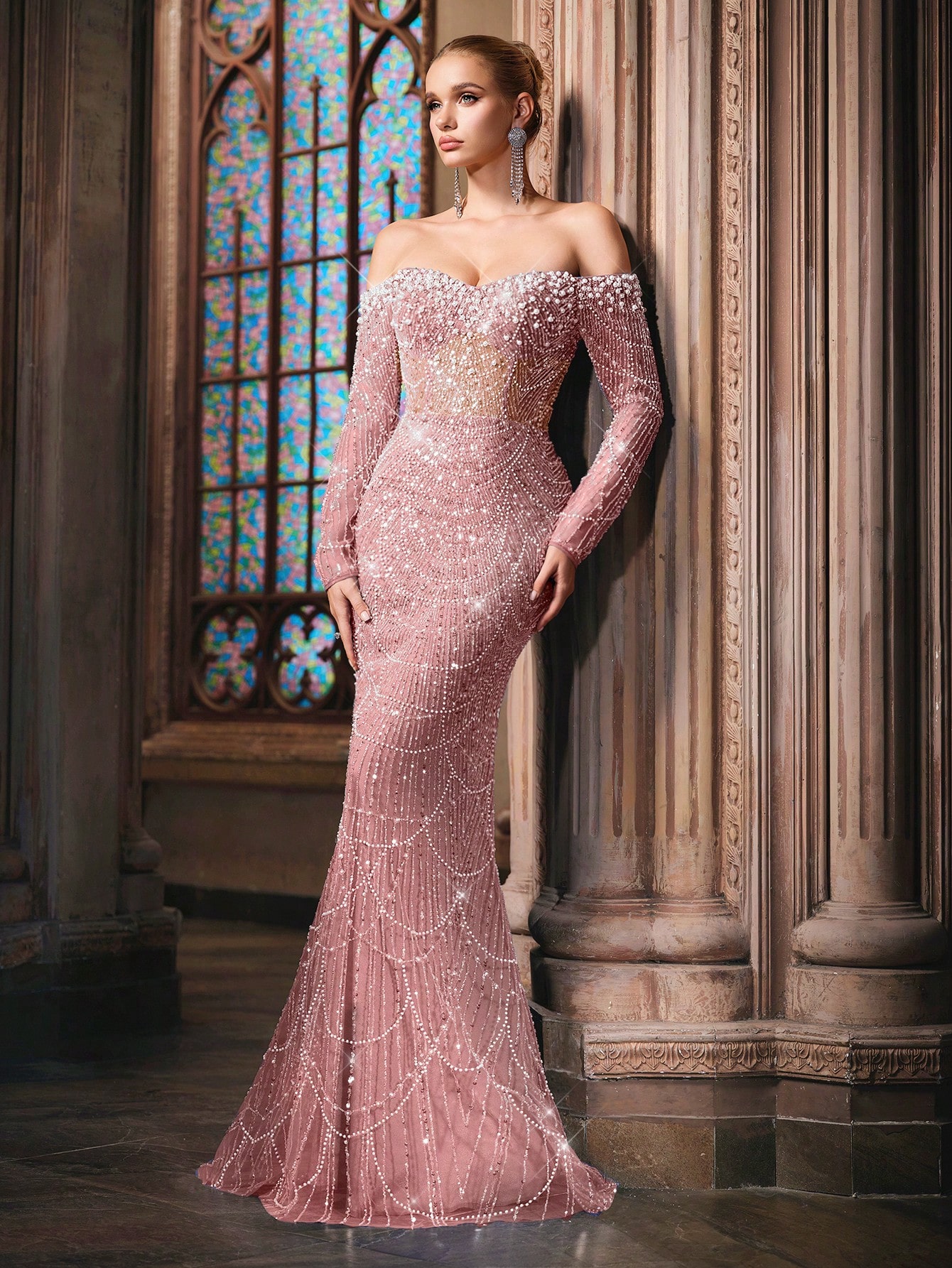 Sparkling Goddess Sequin Formal Dress Luxurious Evening Gown For Dinner Party, Red Carpet, Anniversary Celebrations Haze Blue Off The Shoulder Strapless Sleeve Mermaid Hem Gowns