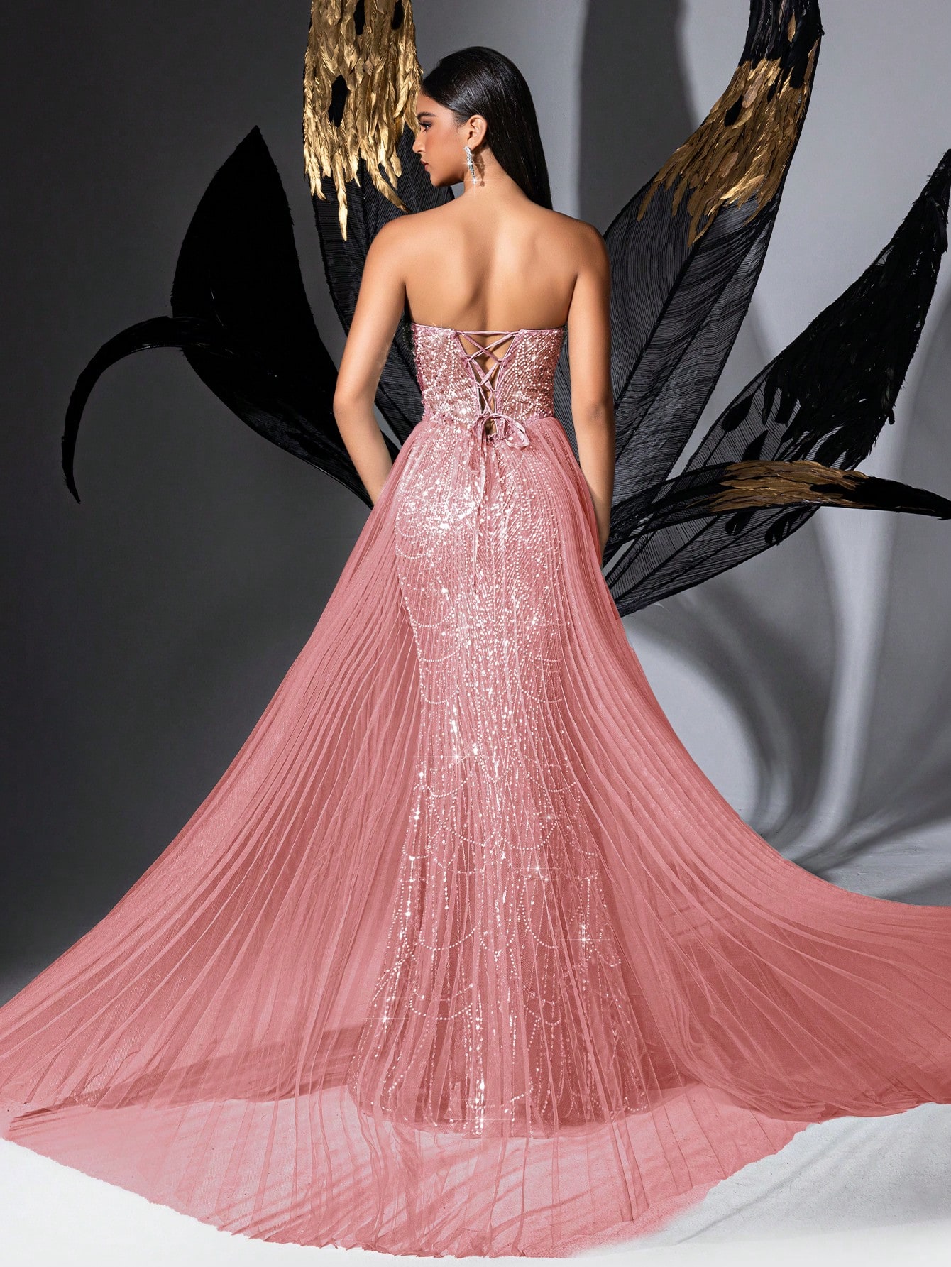 Glamour Goddess Sequin Party Formal Dress Luxury Women Evening Gown For Red Carpet, Birthday Party, Graduation Season Prom, Galas, Charity Prom, Award Ceremony Solid Color Strapless Mesh Lace-Up Slit Gowns