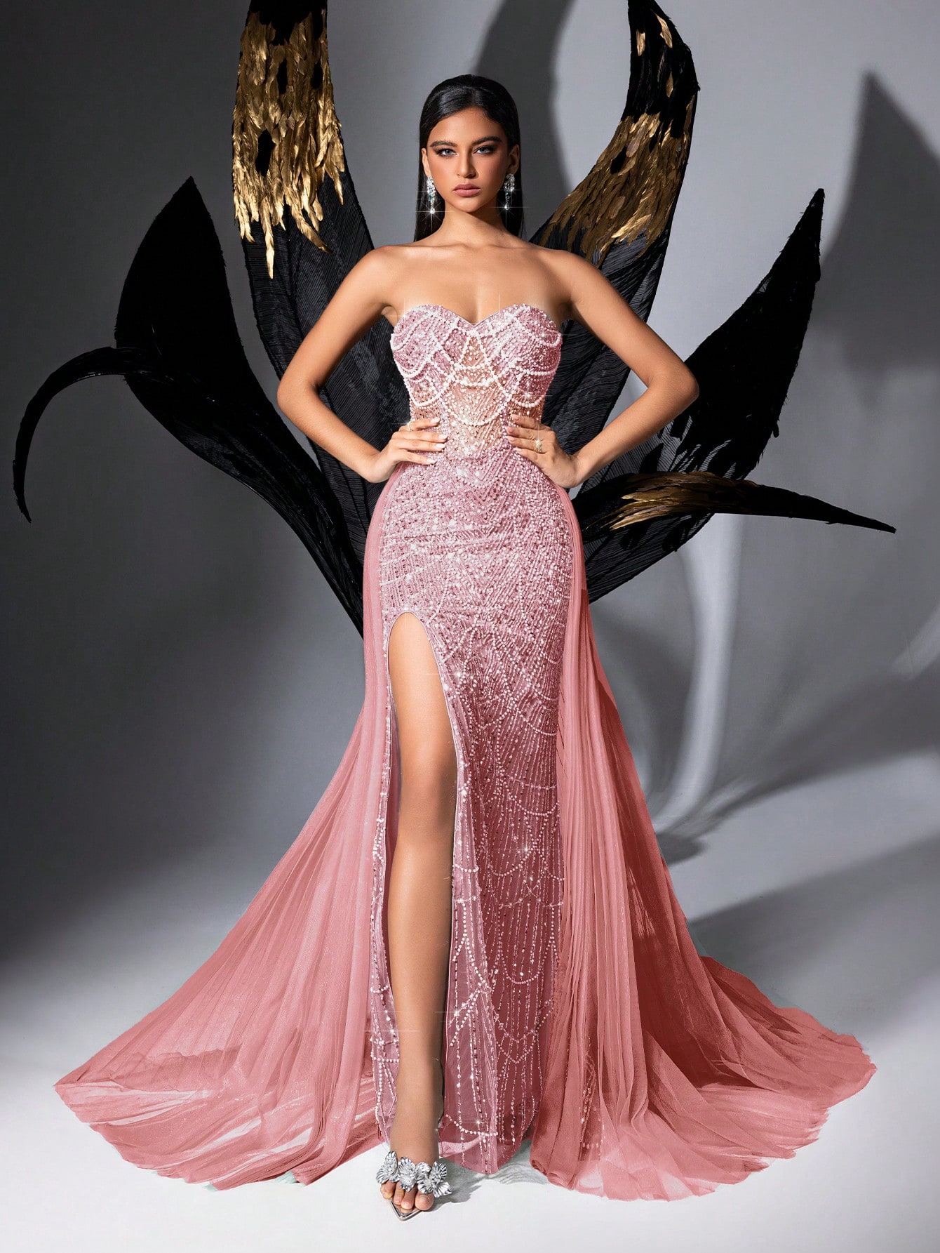 Glamour Goddess Sequin Party Formal Dress Luxury Women Evening Gown For Red Carpet, Birthday Party, Graduation Season Prom, Galas, Charity Prom, Award Ceremony Solid Color Strapless Mesh Lace-Up Slit Gowns