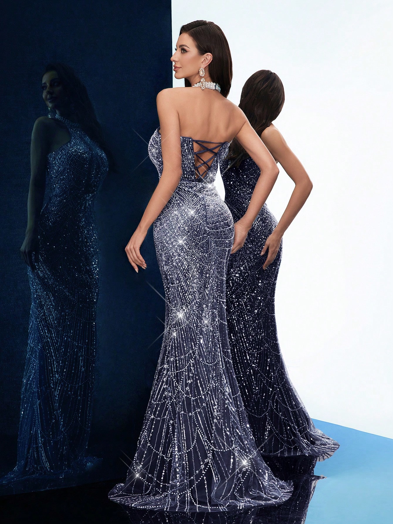 Temperament Goddess Sequins Upscale Evening Gown Women Party Formal Dress Graduation Outfit For Cocktail Party, Galas, Red Carpet, Birthday Party, Graduation Season Prom, Award Ceremony Pure Color Hanging Neck Backless Mermaid Hem Long Dresses
