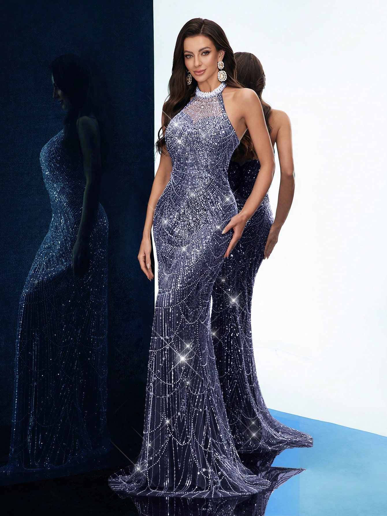 Temperament Goddess Sequins Upscale Evening Gown Women Party Formal Dress Graduation Outfit For Cocktail Party, Galas, Red Carpet, Birthday Party, Graduation Season Prom, Award Ceremony Pure Color Hanging Neck Backless Mermaid Hem Long Dresses