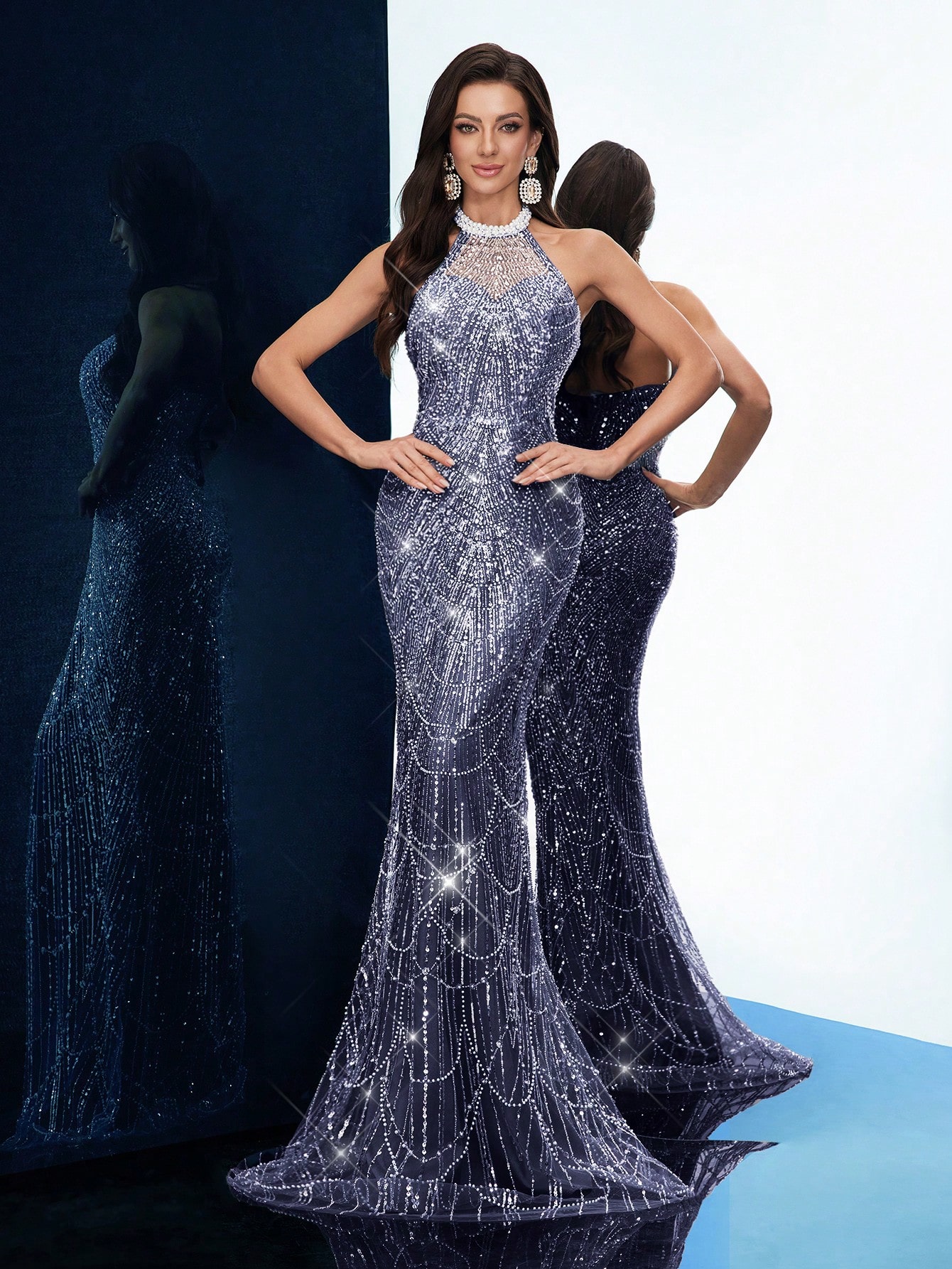 Temperament Goddess Sequins Upscale Evening Gown Women Party Formal Dress Graduation Outfit For Cocktail Party, Galas, Red Carpet, Birthday Party, Graduation Season Prom, Award Ceremony Pure Color Hanging Neck Backless Mermaid Hem Long Dresses