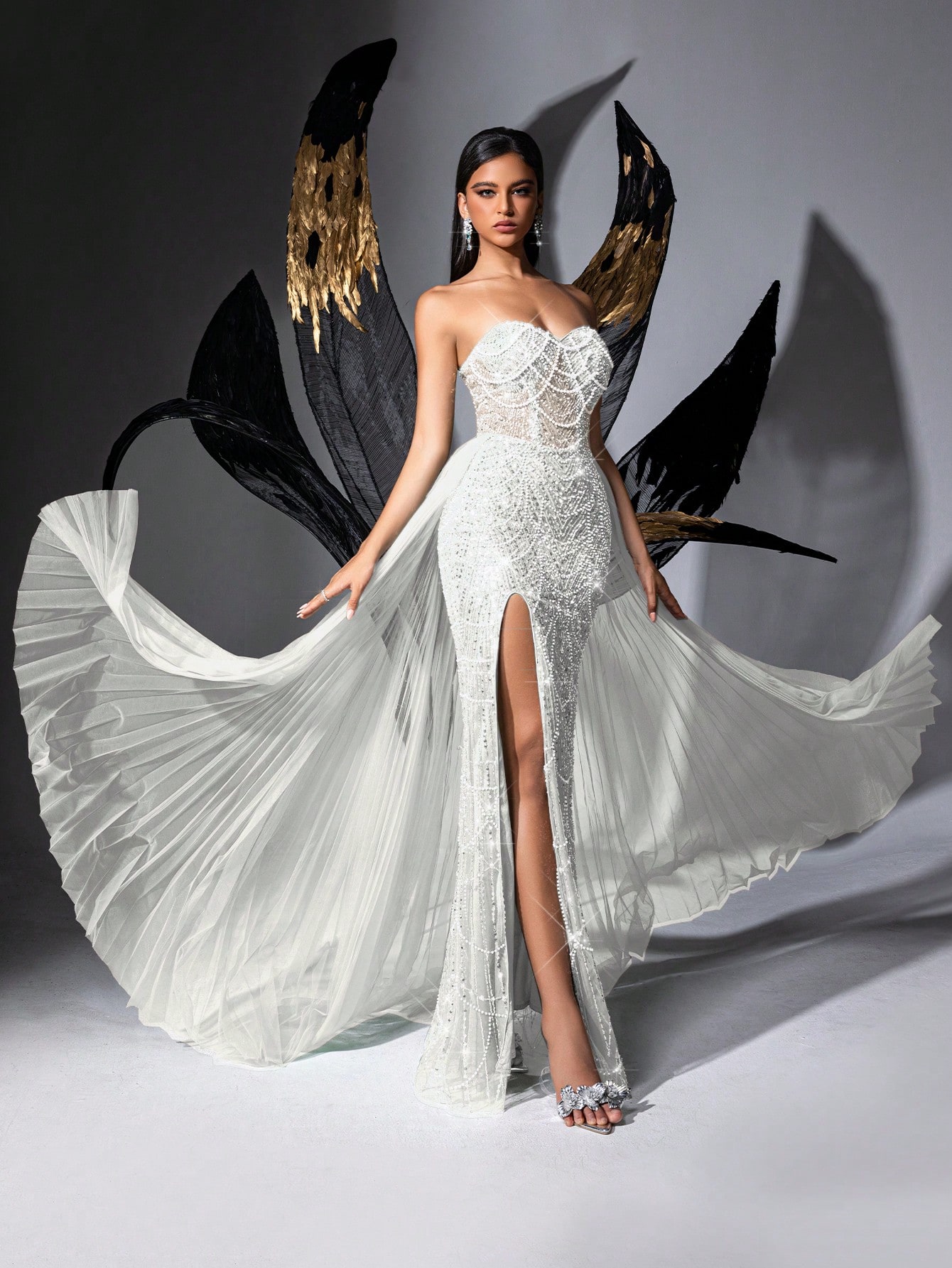 Glamour Goddess Sequin Party Formal Dress Luxury Women Evening Gown For Red Carpet, Birthday Party, Graduation Season Prom, Galas, Charity Prom, Award Ceremony Solid Color Strapless Mesh Lace-Up Slit Gowns