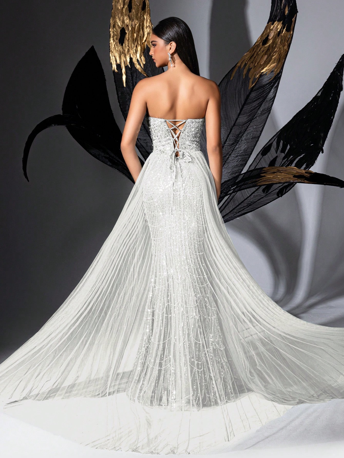 Glamour Goddess Sequin Party Formal Dress Luxury Women Evening Gown For Red Carpet, Birthday Party, Graduation Season Prom, Galas, Charity Prom, Award Ceremony Solid Color Strapless Mesh Lace-Up Slit Gowns