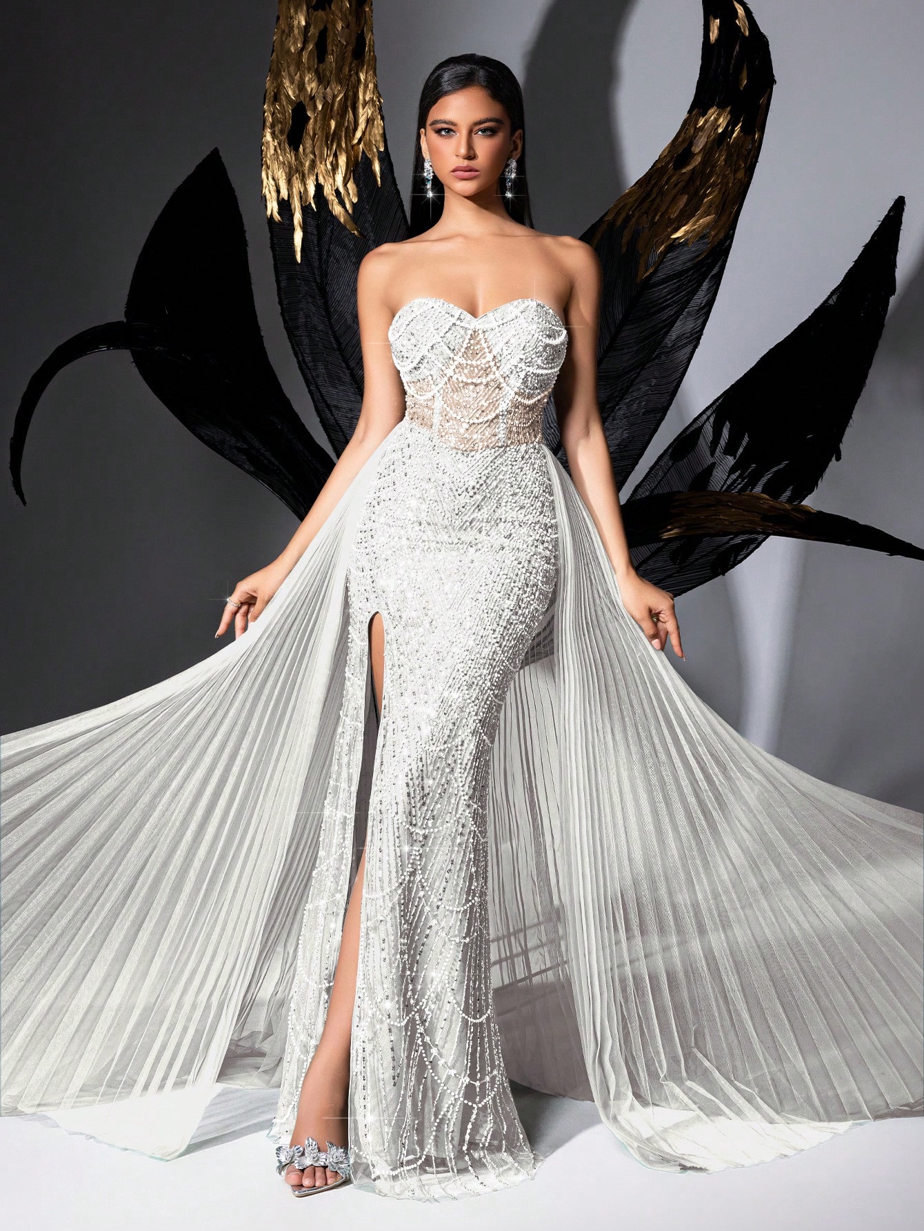 Glamour Goddess Sequin Party Formal Dress Luxury Women Evening Gown For Red Carpet, Birthday Party, Graduation Season Prom, Galas, Charity Prom, Award Ceremony Solid Color Strapless Mesh Lace-Up Slit Gowns