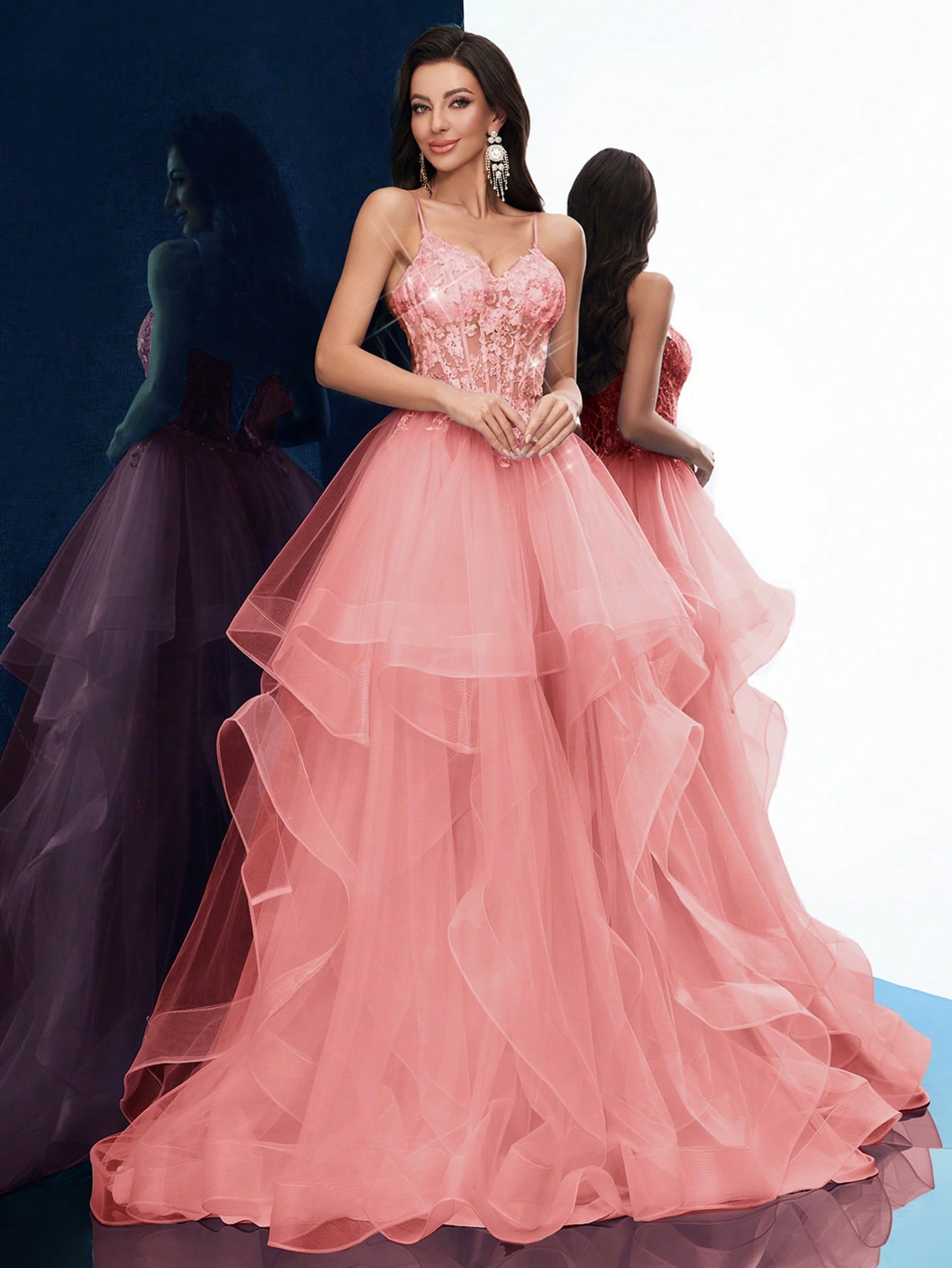 Dreamy Party Women Formal Dress Elegant Summer Evening Gown Graduation Outfit For Birthday Party, Graduation Season Prom, Galas, Fiesta, Dinner Party, Red Carpet Solid Color Appliqued Sleeveless Layered Hem Floor Length Dresses