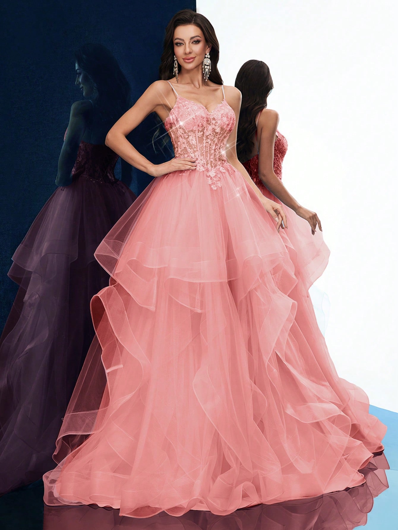 Dreamy Party Women Formal Dress Elegant Summer Evening Gown Graduation Outfit For Birthday Party, Graduation Season Prom, Galas, Fiesta, Dinner Party, Red Carpet Solid Color Appliqued Sleeveless Layered Hem Floor Length Dresses