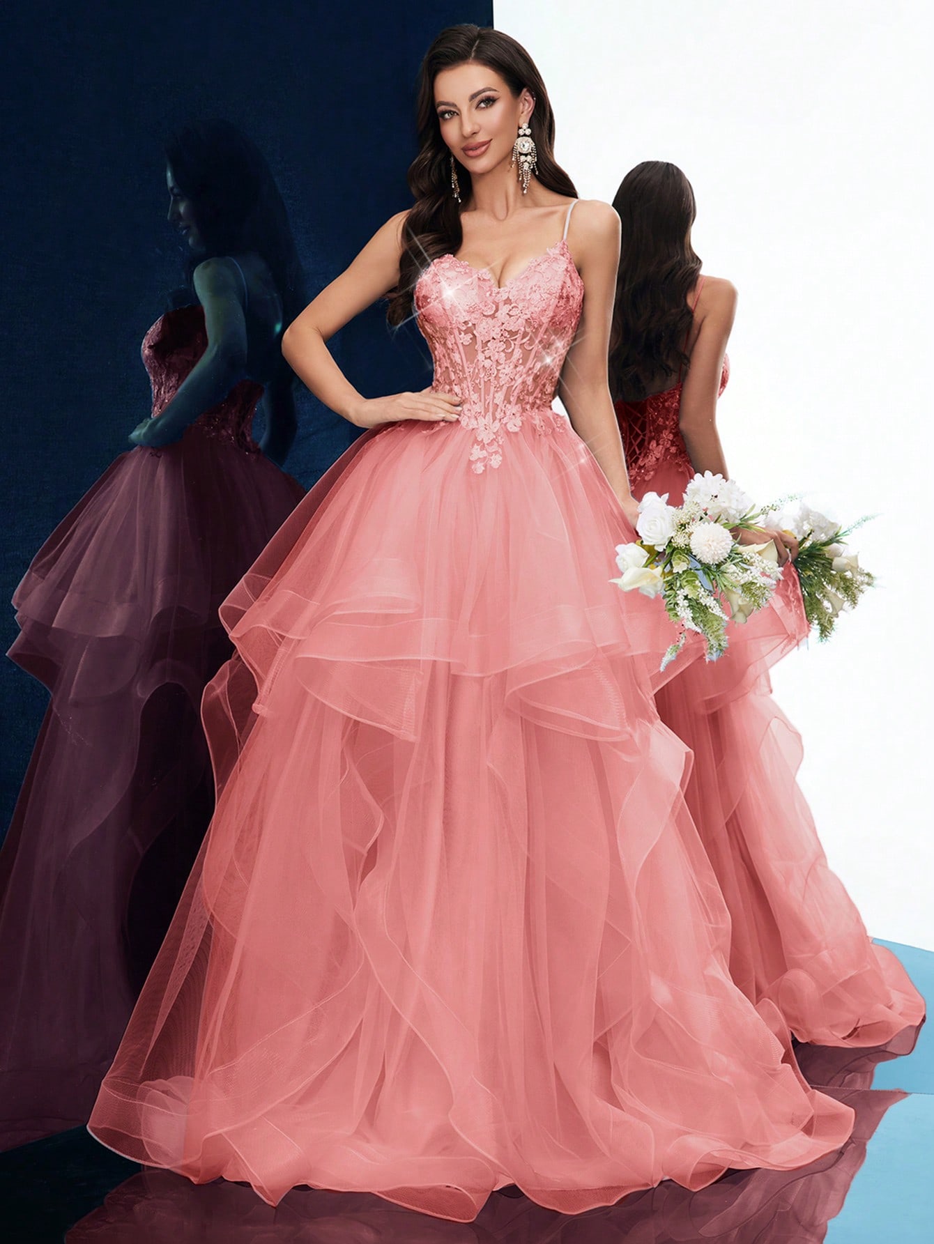 Dreamy Party Women Formal Dress Elegant Summer Evening Gown Graduation Outfit For Birthday Party, Graduation Season Prom, Galas, Fiesta, Dinner Party, Red Carpet Solid Color Appliqued Sleeveless Layered Hem Floor Length Dresses