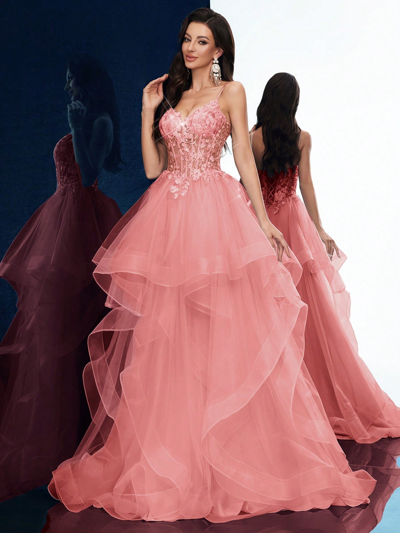 Dreamy Party Women Formal Dress Elegant Summer Evening Gown Graduation Outfit For Birthday Party, Graduation Season Prom, Galas, Fiesta, Dinner Party, Red Carpet Solid Color Appliqued Sleeveless Layered Hem Floor Length Dresses