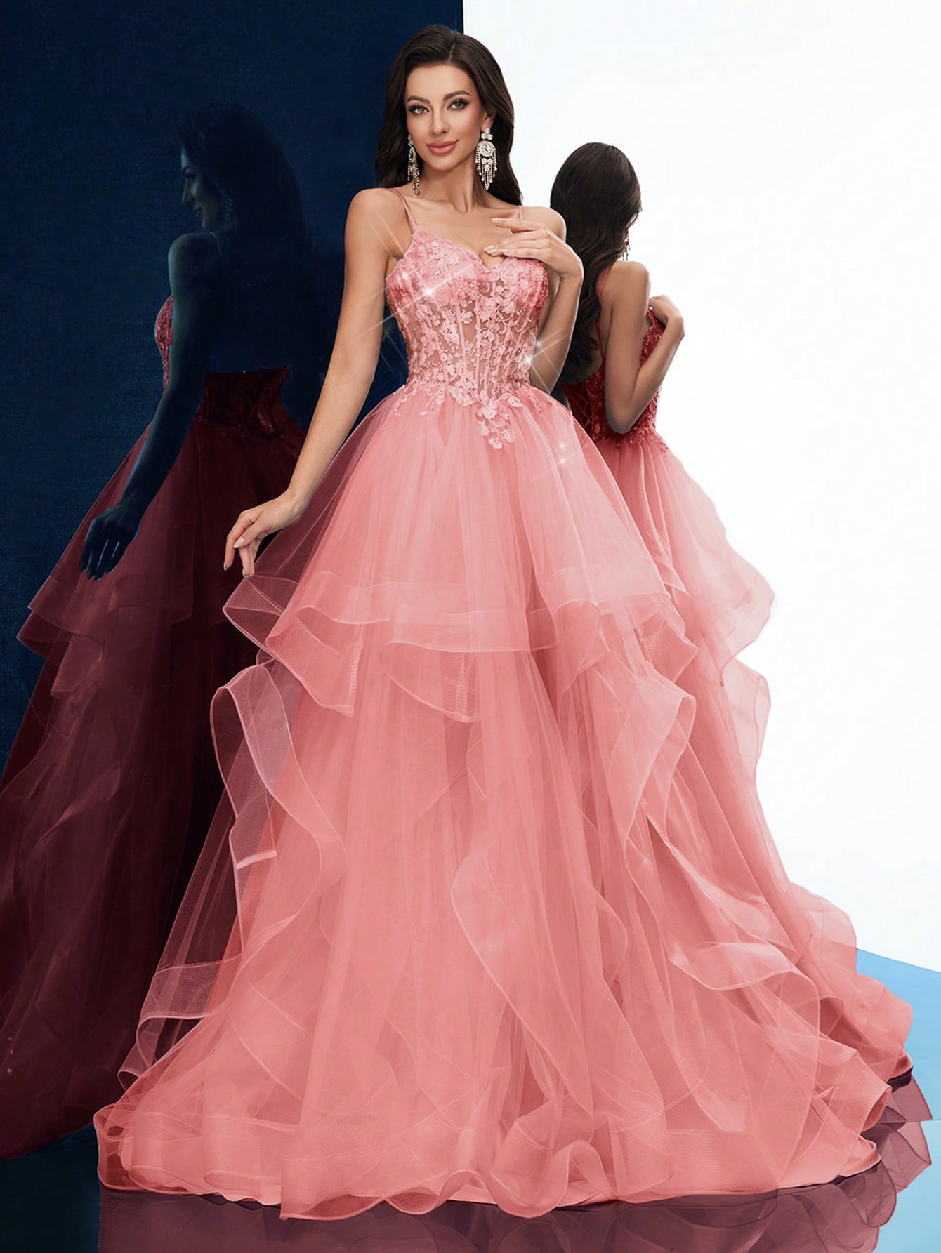 Dreamy Party Women Formal Dress Elegant Summer Evening Gown Graduation Outfit For Birthday Party, Graduation Season Prom, Galas, Fiesta, Dinner Party, Red Carpet Solid Color Appliqued Sleeveless Layered Hem Floor Length Dresses