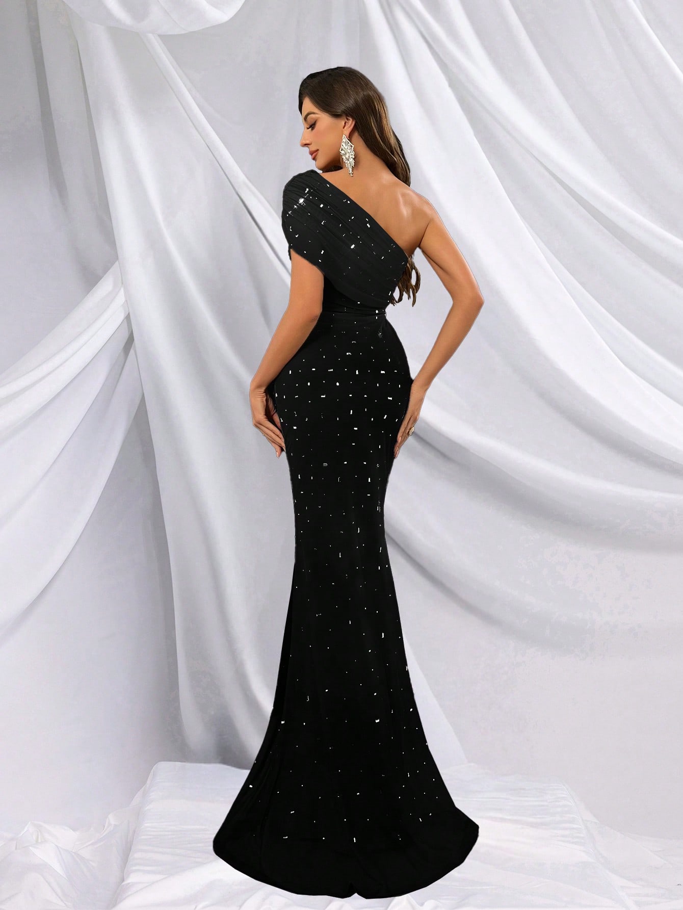 Charm Women Solid Color Formal Dresses Evening Girls Gown Suitable Graduation Party, Galas, Red Carpet Events ,Asymmetrical Neck Hot Drill Rhinestone Dresses