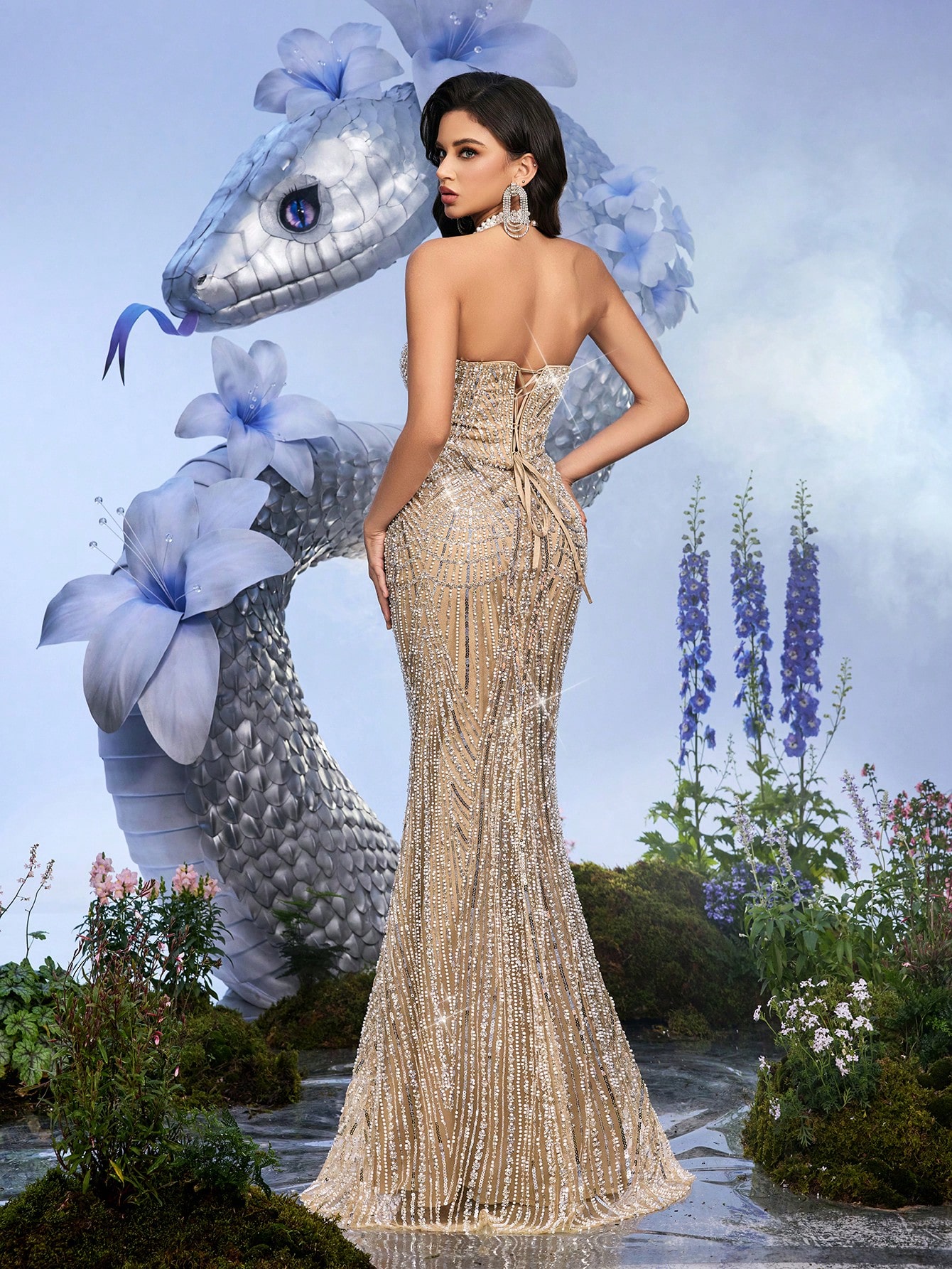 Elegant Goddess Summer Evening Gown Women Formal Dress Birthday Gowns For Formal Party, Graduation Party, Cocktail Champagne Color Halter Back Tie Dresses