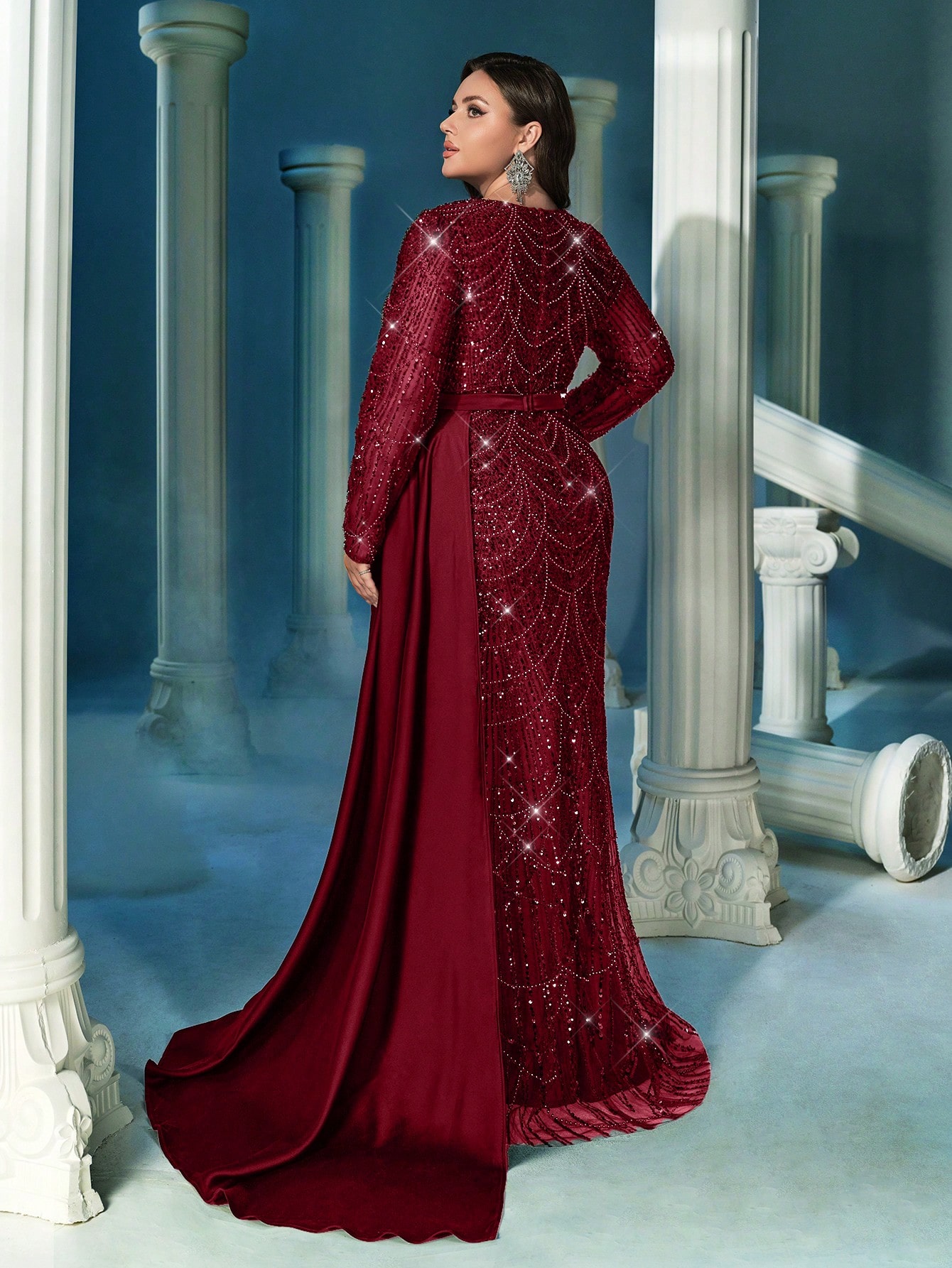 Noble Sequins Patchwork Women Formal Dress Spring Summer Evening Gown For Evening Party, Fiesta, Dinner Party, Charity Prom, Galas, Anniversary Celebration Plus Size Dark Green Long Sleeve Dresses