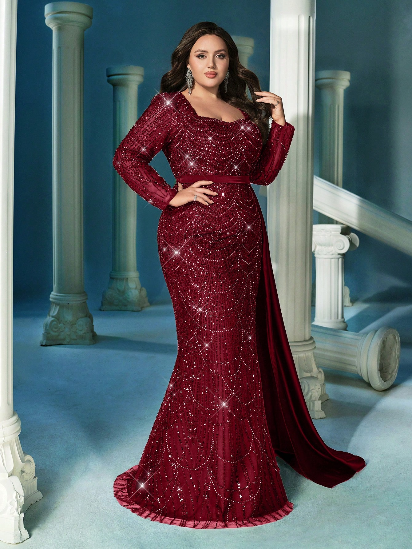 Noble Sequins Patchwork Women Formal Dress Spring Summer Evening Gown For Evening Party, Fiesta, Dinner Party, Charity Prom, Galas, Anniversary Celebration Plus Size Dark Green Long Sleeve Dresses