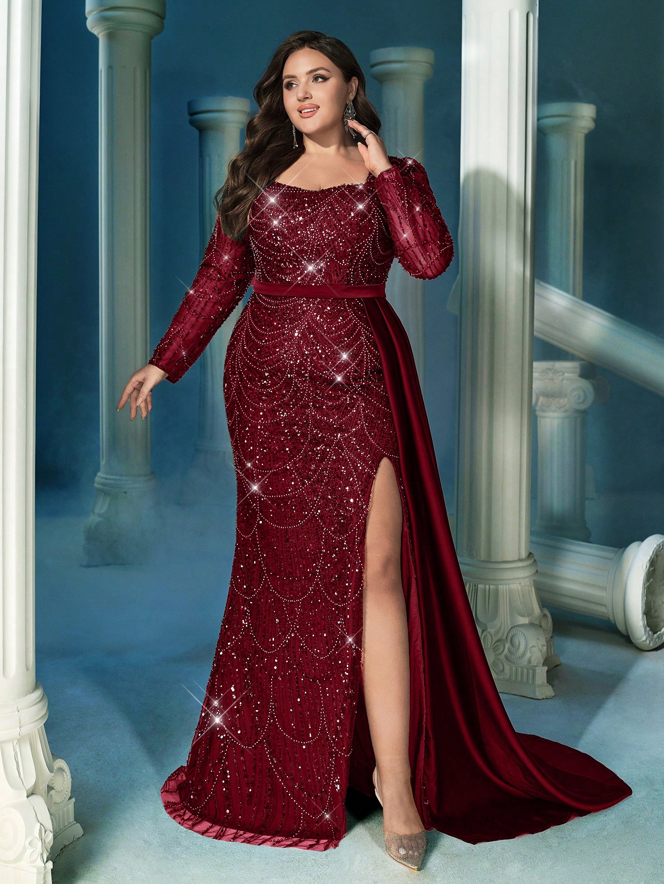 Noble Sequins Patchwork Women Formal Dress Spring Summer Evening Gown For Evening Party, Fiesta, Dinner Party, Charity Prom, Galas, Anniversary Celebration Plus Size Dark Green Long Sleeve Dresses