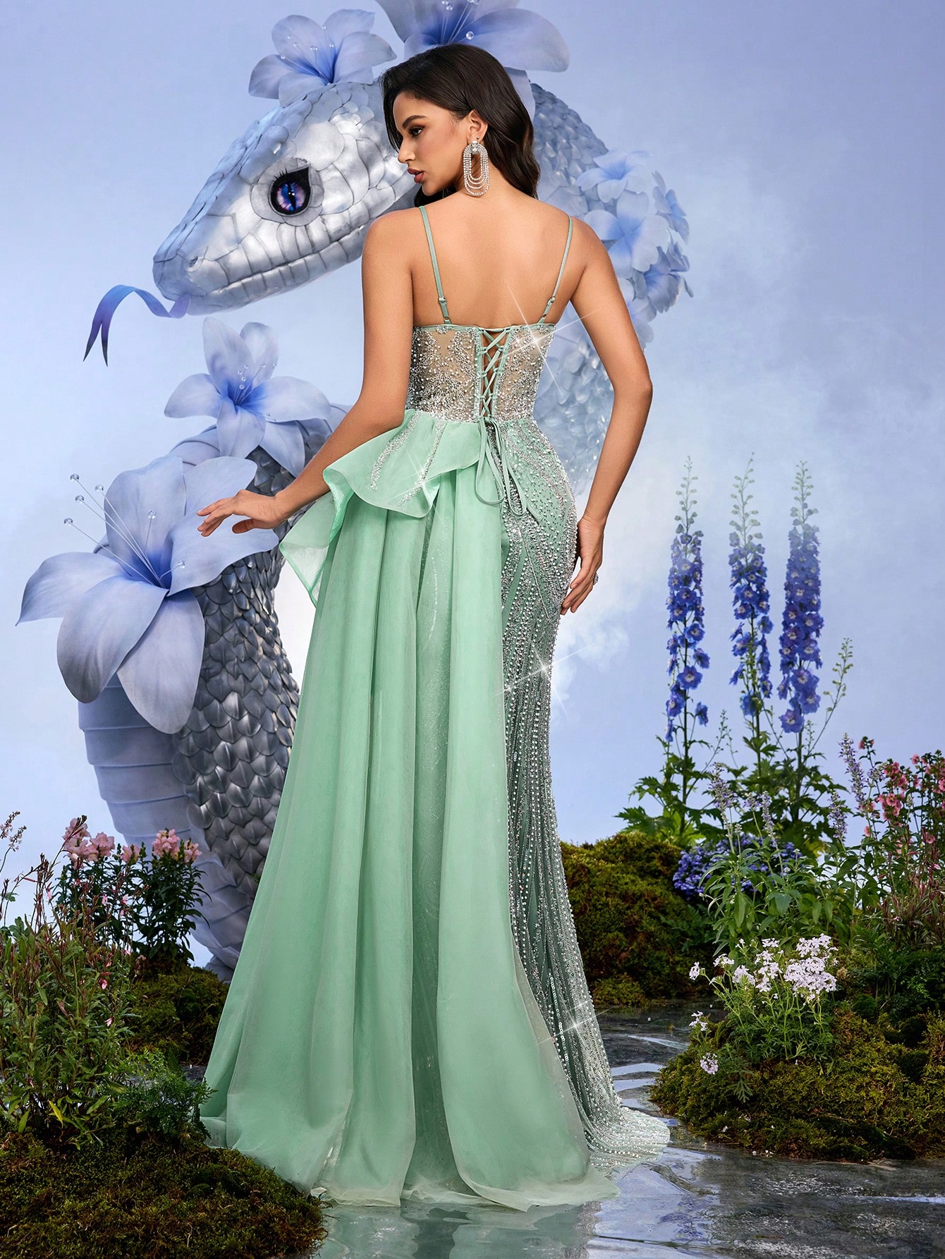 Gorgeous Elegant Sequins Party Upscale Evening Gown Women Luxurious Beads Formal Dress For Graduation Prom, Birthday Party, Red Carpet, Galas, High Society Dinners, Cocktail Mint Green Spaghetti Strap High Slit Mermaid Hem Maxi Long Gowns