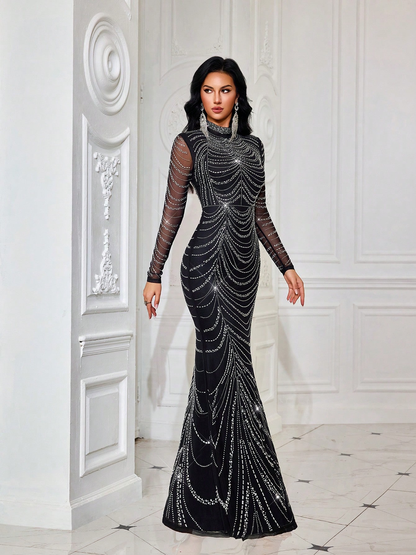 Fashionable Gorgeous Hot Drill Evening Gown Luxurious Rhinestone Formal Dress For Cocktail Party, Red Carpet Events, Galas Solid Color Long Sleeve Mermaid Hem Gowns