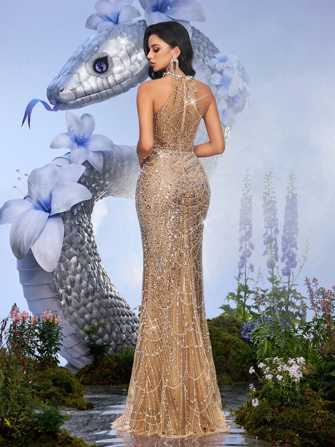 Fashionable Shiny Sequin Beading Halter Gown Dresses For Cocktail Party, Banquet, Party