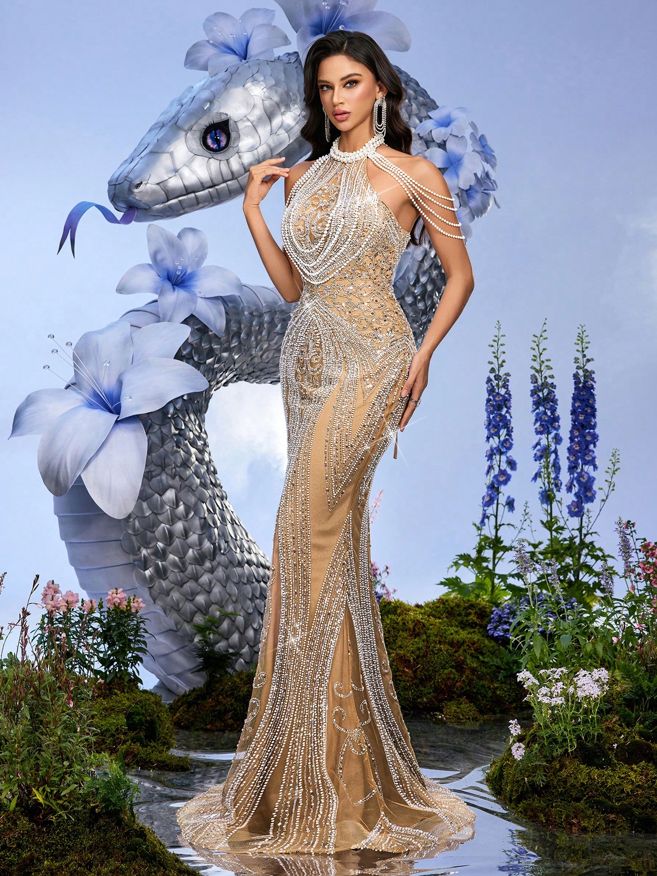 Gorgeous Design Women Sequin Evening Dresses Upscale Formal Dress Birthday Gown For Evening Party, Charity Balls Champagne Color Halter Backless Mermaid Hem Dresses