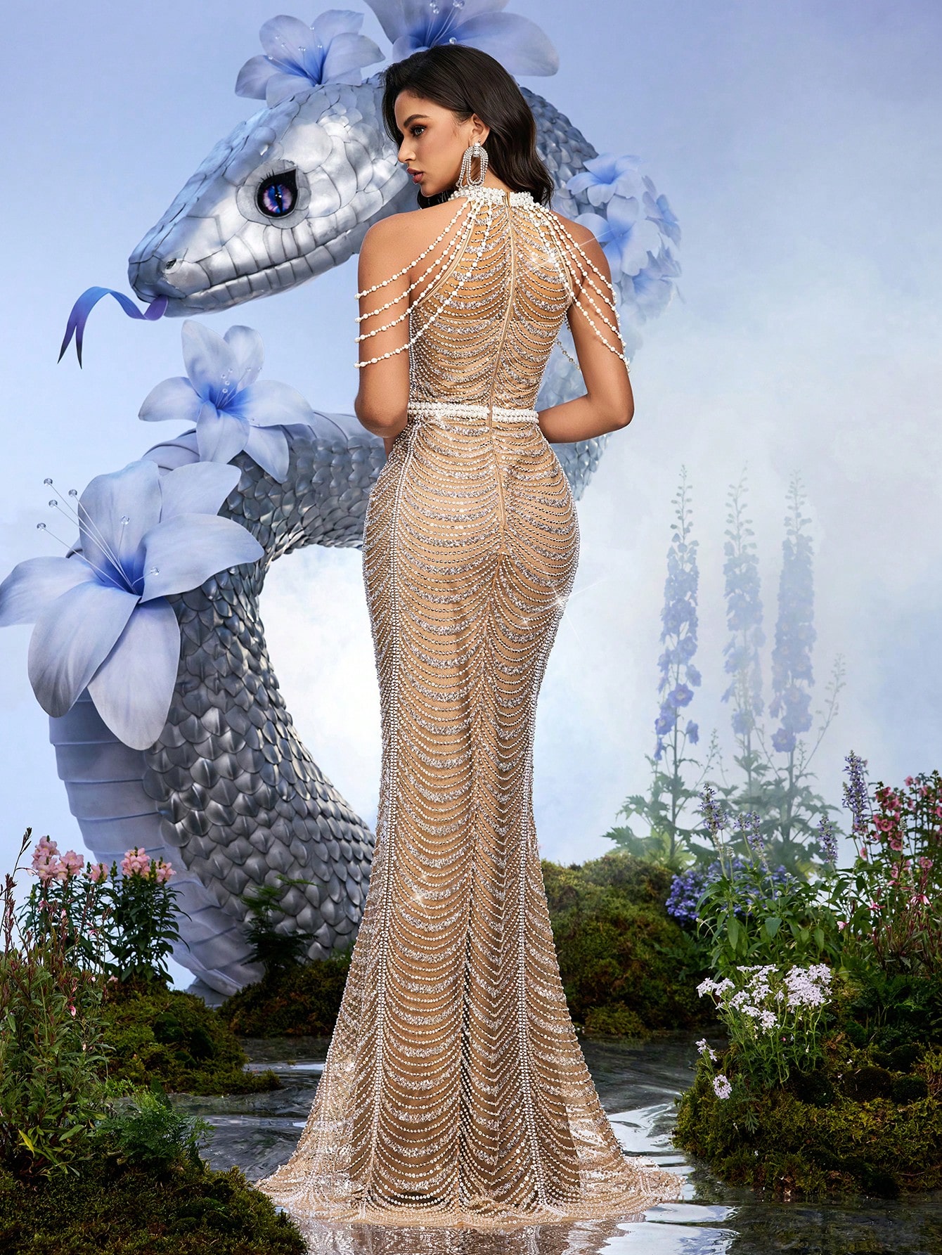 Gorgeous Goddess Sequins Beading Halter Gown Dresses For Formal Evening, Birthday Party, Memorial Party