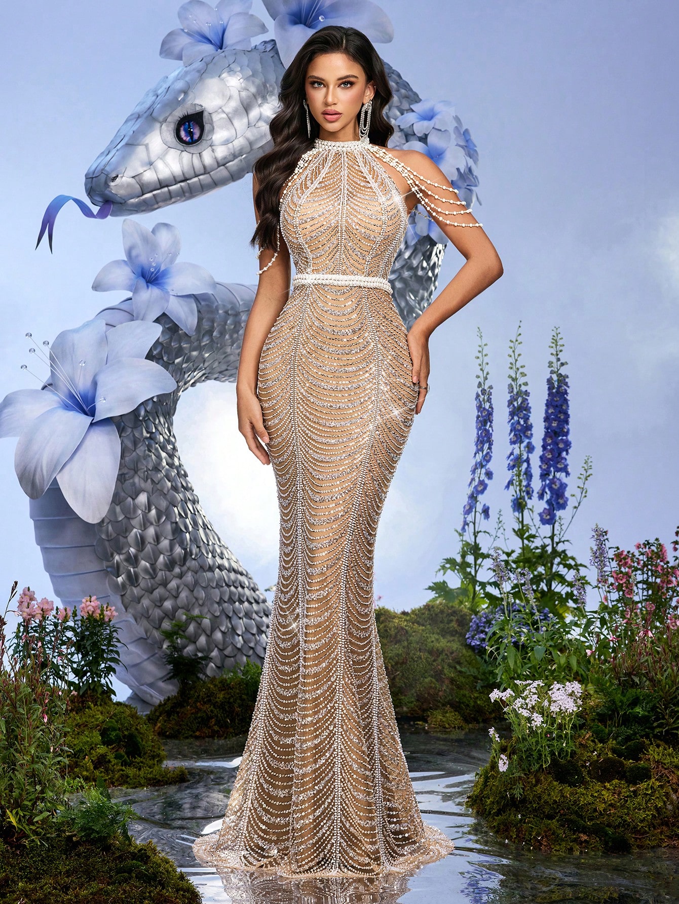 Gorgeous Goddess Sequins Beading Halter Gown Dresses For Formal Evening, Birthday Party, Memorial Party