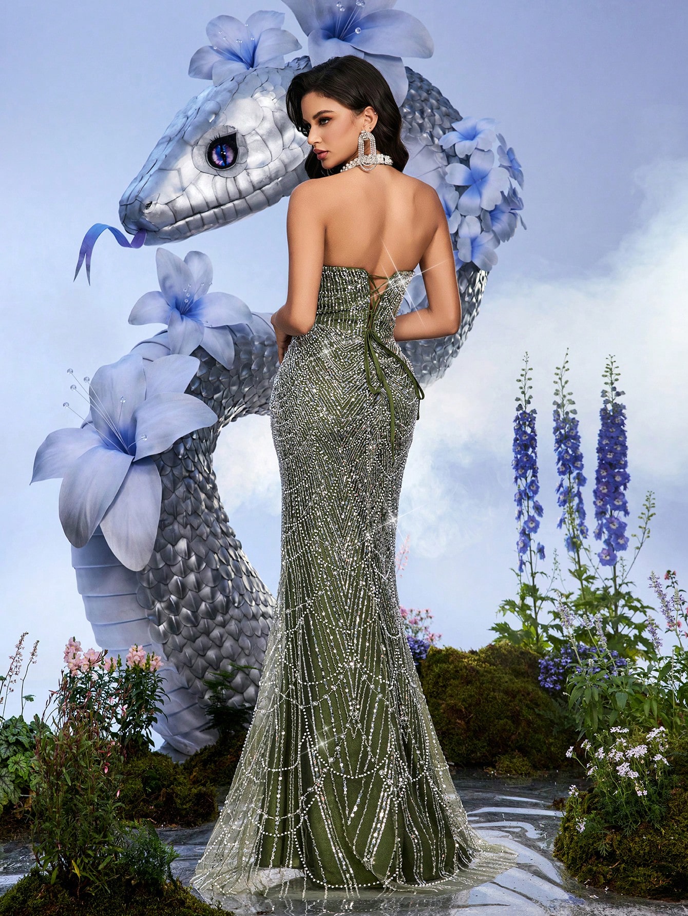 Temperament Goddess Sequins Upscale Evening Gown Women Party Formal Dress Graduation Outfit For Cocktail Party, Galas, Red Carpet, Birthday Party, Graduation Season Prom, Award Ceremony Pure Color Hanging Neck Backless Mermaid Hem Long Dresses