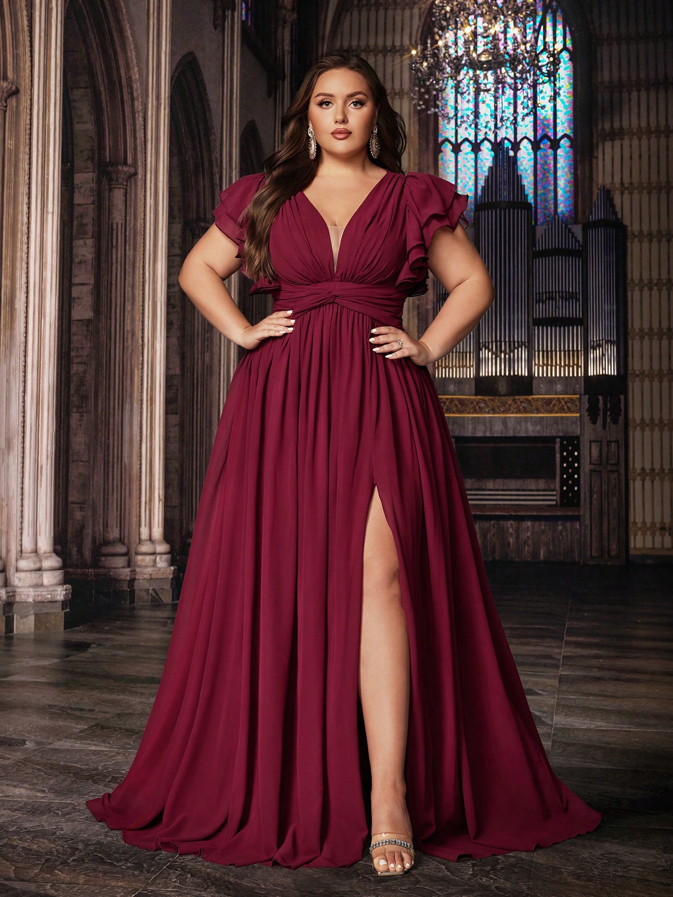 Romantic Solid Color Plus Size Women Formal Dress Bridesmaid Evening Dresses Suitable Wedding,Birthday Party, Formal Events V-Neck Flounce Sleeve Gown