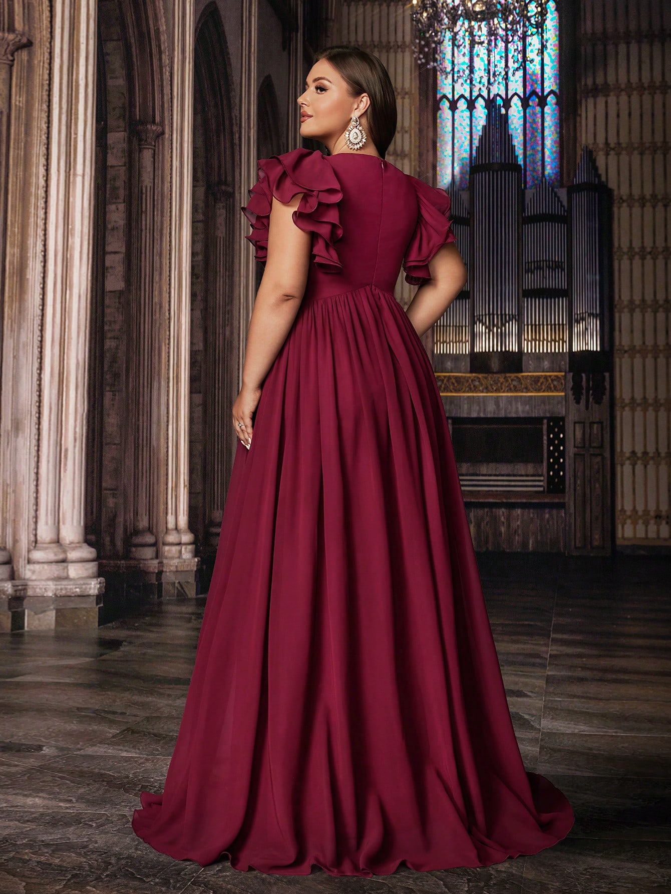 Romantic Solid Color Plus Size Women Formal Dress Bridesmaid Evening Dresses Suitable Wedding,Birthday Party, Formal Events V-Neck Flounce Sleeve Gown