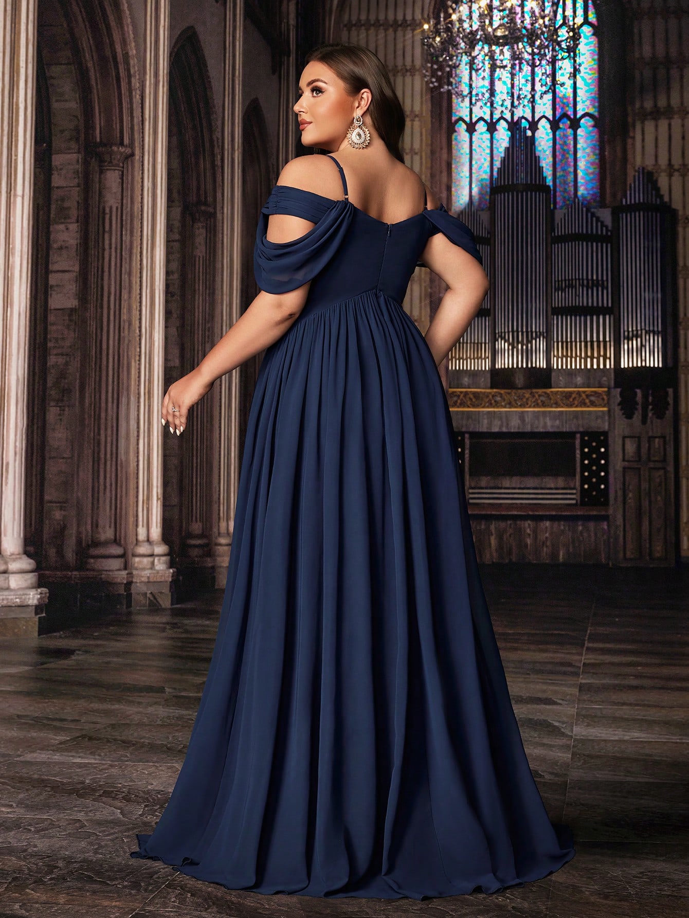 Women's Plus-size Thin Strap Sequin Paneled Navy Blue Formal Maxi Dress, Vintage Elegant Chiffon Evening Gown, A-line Hem Prom Party Dress, Wedding Guest Dress, Bridesmaid Dress,Perfect Birthday Dress, Gala Dress, Cocktail Party Dress,Holiday Date Dress