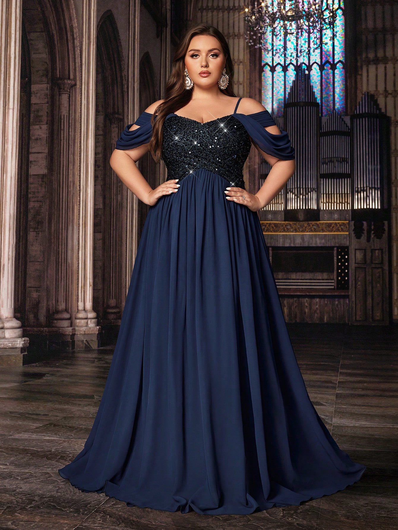 Women's Plus-size Thin Strap Sequin Paneled Navy Blue Formal Maxi Dress, Vintage Elegant Chiffon Evening Gown, A-line Hem Prom Party Dress, Wedding Guest Dress, Bridesmaid Dress,Perfect Birthday Dress, Gala Dress, Cocktail Party Dress,Holiday Date Dress