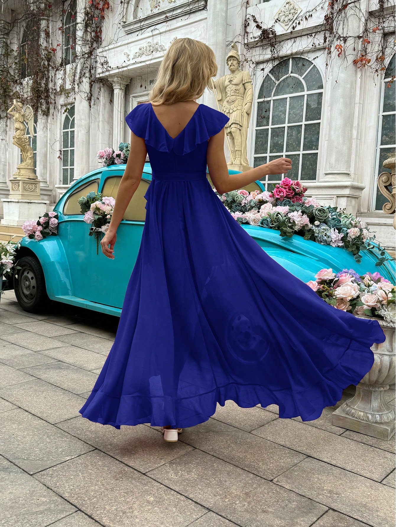 Fashion Daily Style Coral Orange V-Neck Flounce Sleeve Bridesmaid Gown Dresses