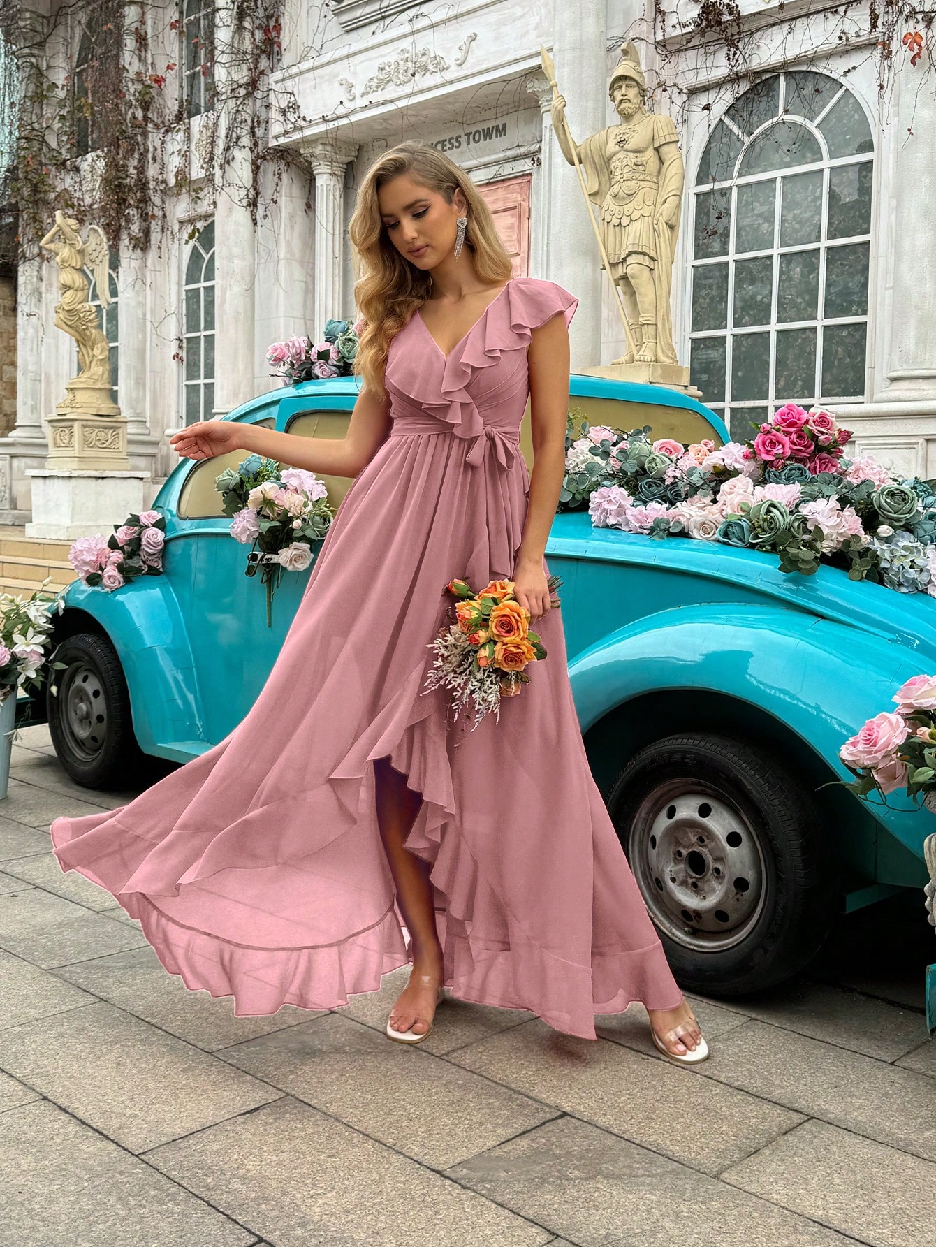 Fashion Daily Style Coral Orange V-Neck Flounce Sleeve Bridesmaid Gown Dresses