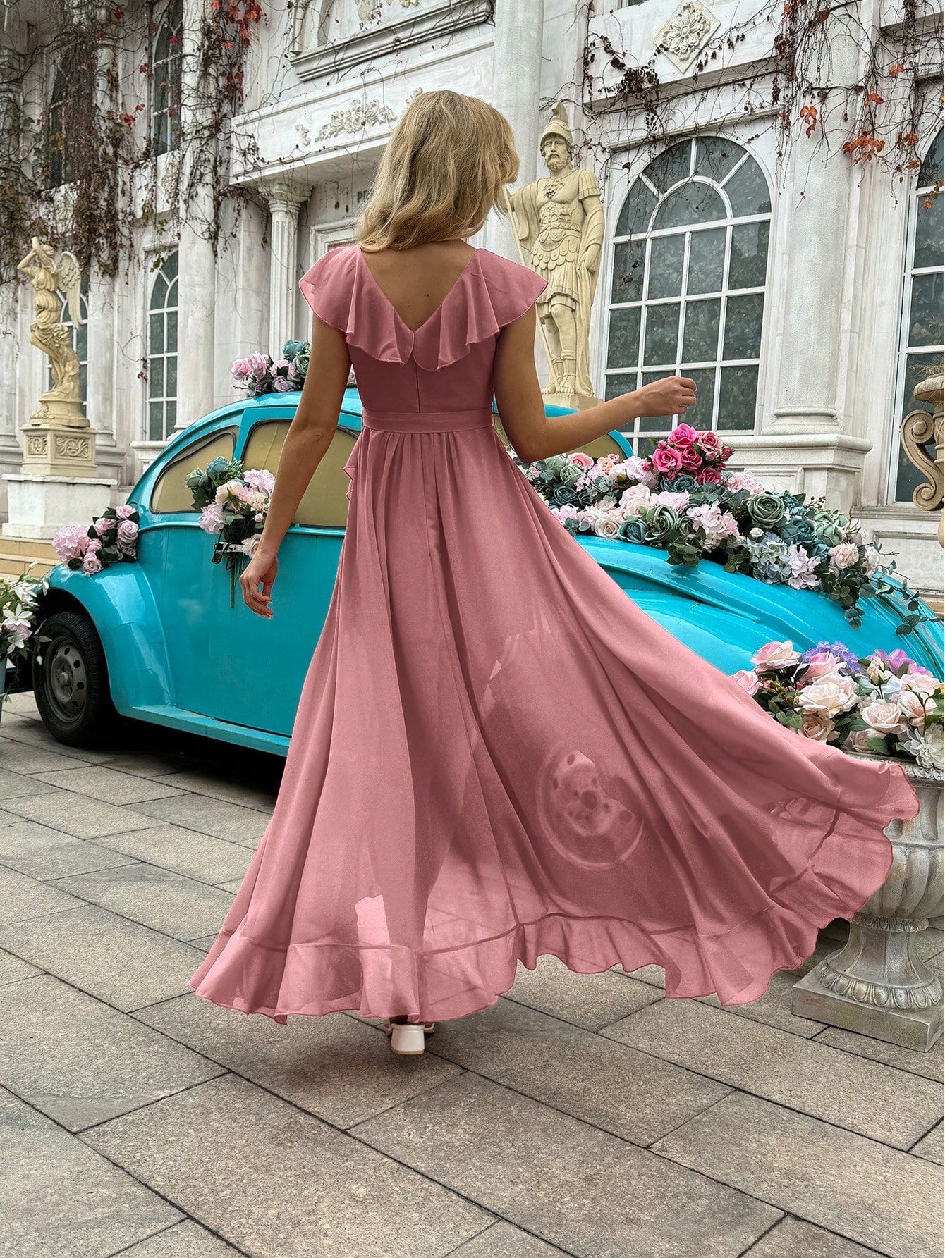 Fashion Daily Style Coral Orange V-Neck Flounce Sleeve Bridesmaid Gown Dresses