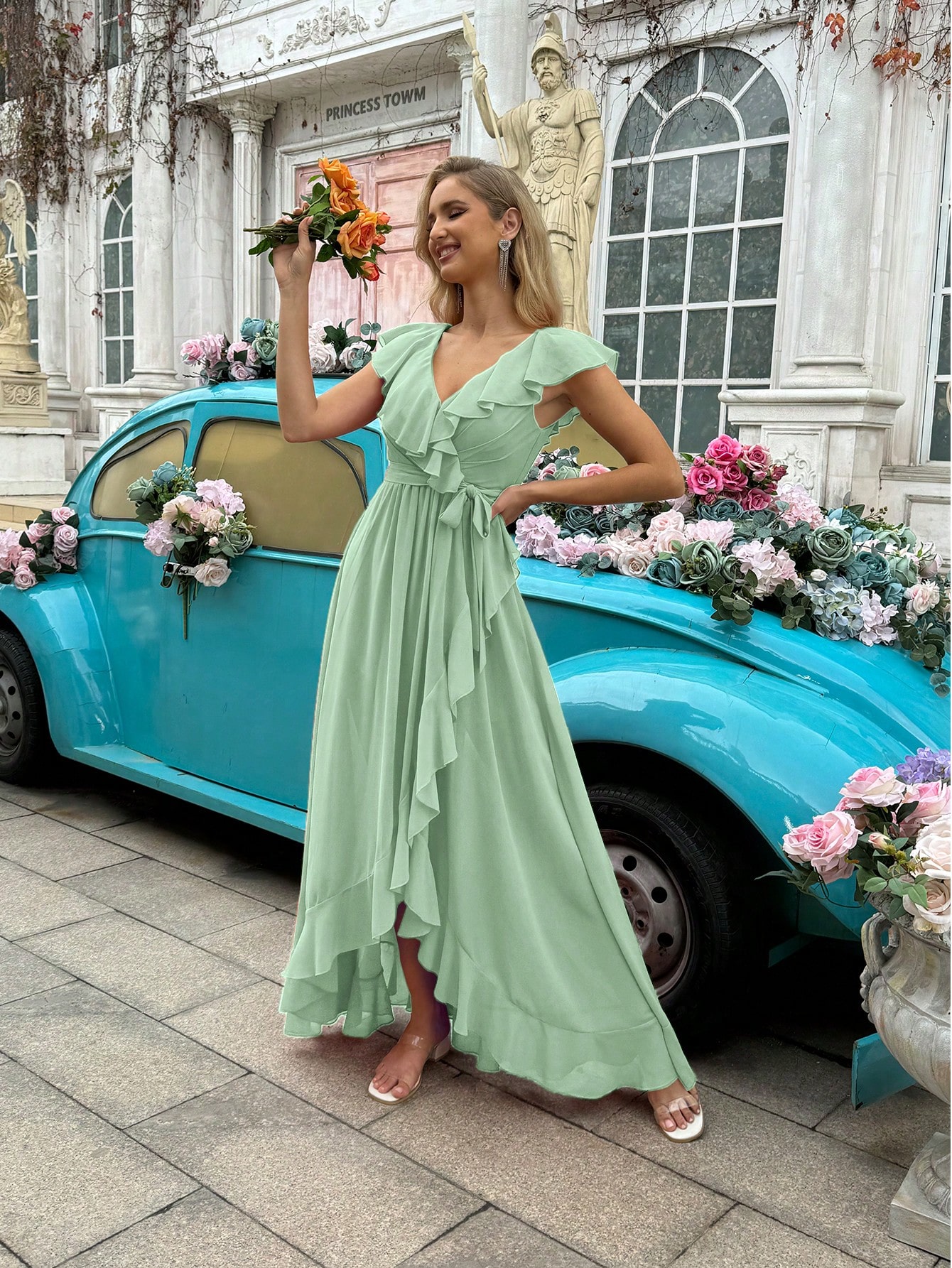 Fashion Daily Style Coral Orange V-Neck Flounce Sleeve Bridesmaid Gown Dresses