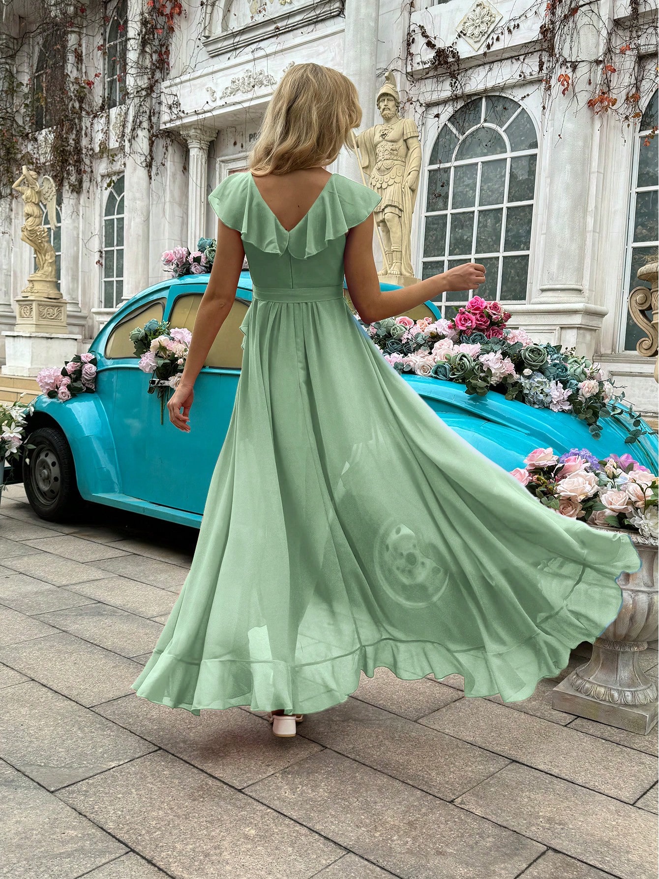 Fashion Daily Style Coral Orange V-Neck Flounce Sleeve Bridesmaid Gown Dresses