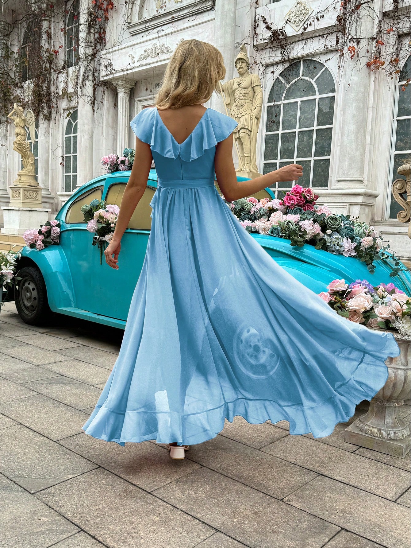 Fashion Daily Style Coral Orange V-Neck Flounce Sleeve Bridesmaid Gown Dresses