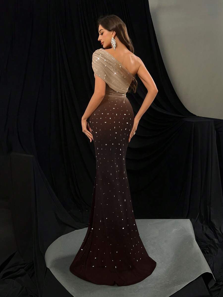 Charm Women Solid Color Formal Dresses Evening Girls Gown Suitable Graduation Party, Galas, Red Carpet Events ,Asymmetrical Neck Hot Drill Rhinestone Dresses