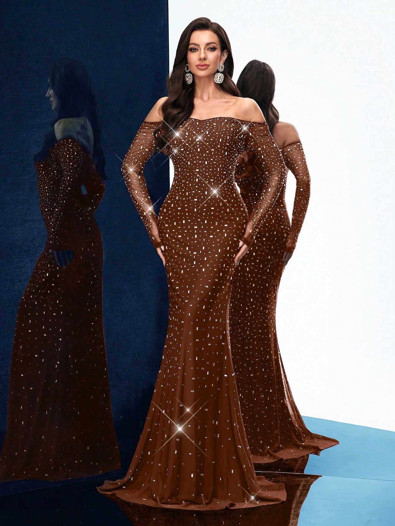 Elegant Charming Spring Summer Hot Drill Formal Dress Women Rhinestone Chic Evening Gown For Evening Party, Cocktail, Dinner Party, Concert, Charity Prom, Birthday Party Black Cold Shoulder Slim Long Sleeve Floor Length Dresses