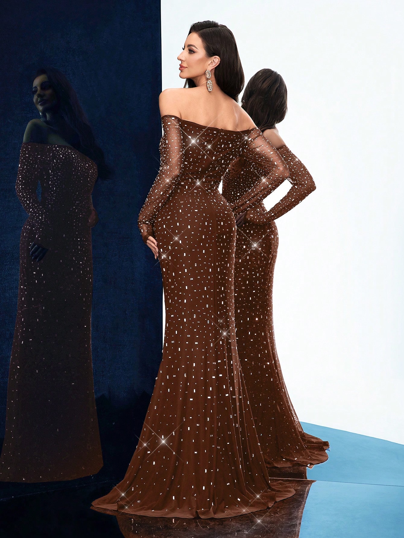 Elegant Charming Spring Summer Hot Drill Formal Dress Women Rhinestone Chic Evening Gown For Evening Party, Cocktail, Dinner Party, Concert, Charity Prom, Birthday Party Black Cold Shoulder Slim Long Sleeve Floor Length Dresses