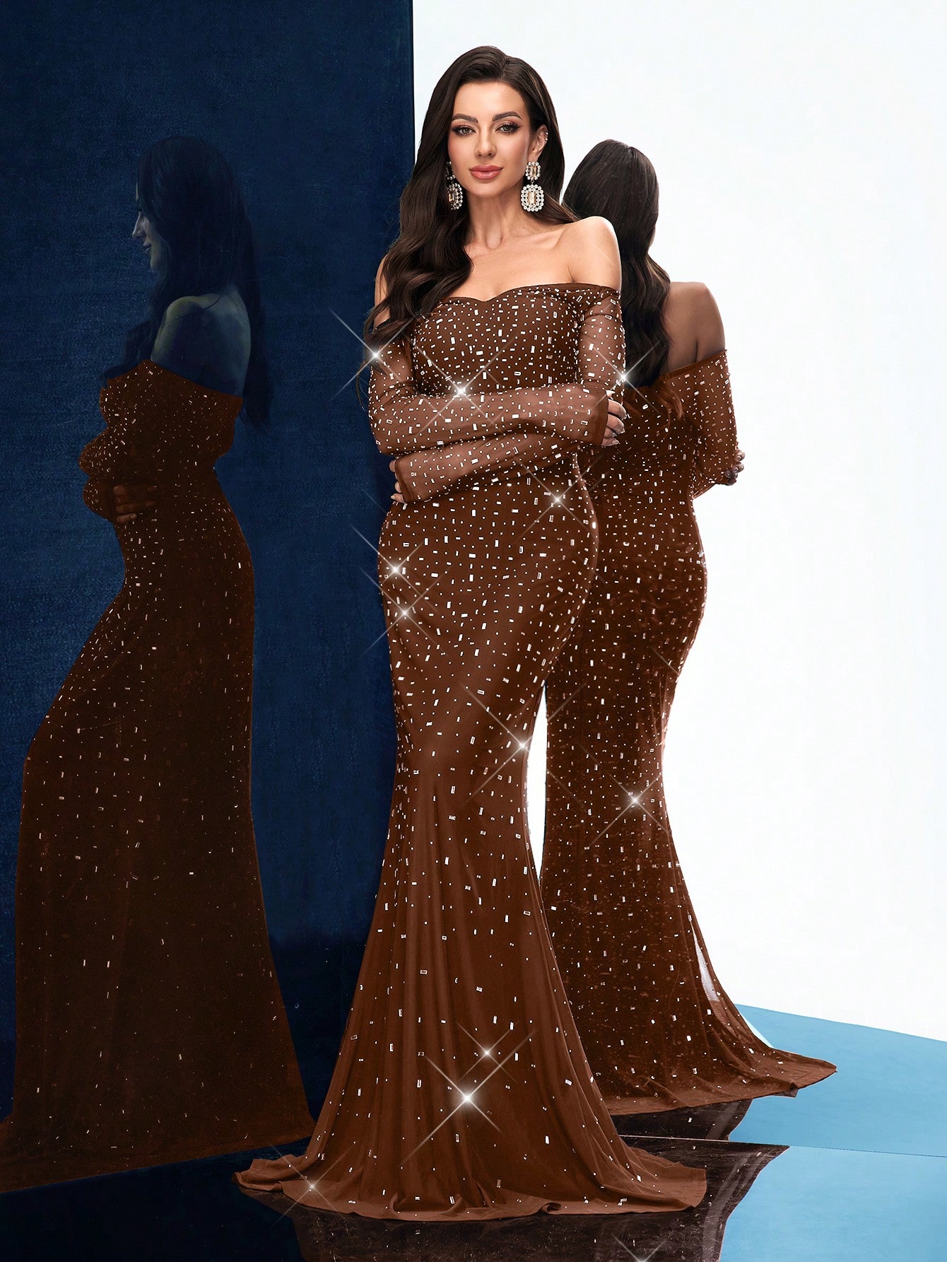 Elegant Charming Spring Summer Hot Drill Formal Dress Women Rhinestone Chic Evening Gown For Evening Party, Cocktail, Dinner Party, Concert, Charity Prom, Birthday Party Black Cold Shoulder Slim Long Sleeve Floor Length Dresses