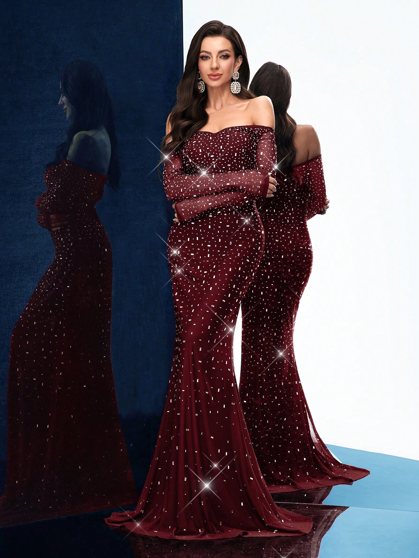 Elegant Charming Spring Summer Hot Drill Formal Dress Women Rhinestone Chic Evening Gown For Evening Party, Cocktail, Dinner Party, Concert, Charity Prom, Birthday Party Black Cold Shoulder Slim Long Sleeve Floor Length Dresses